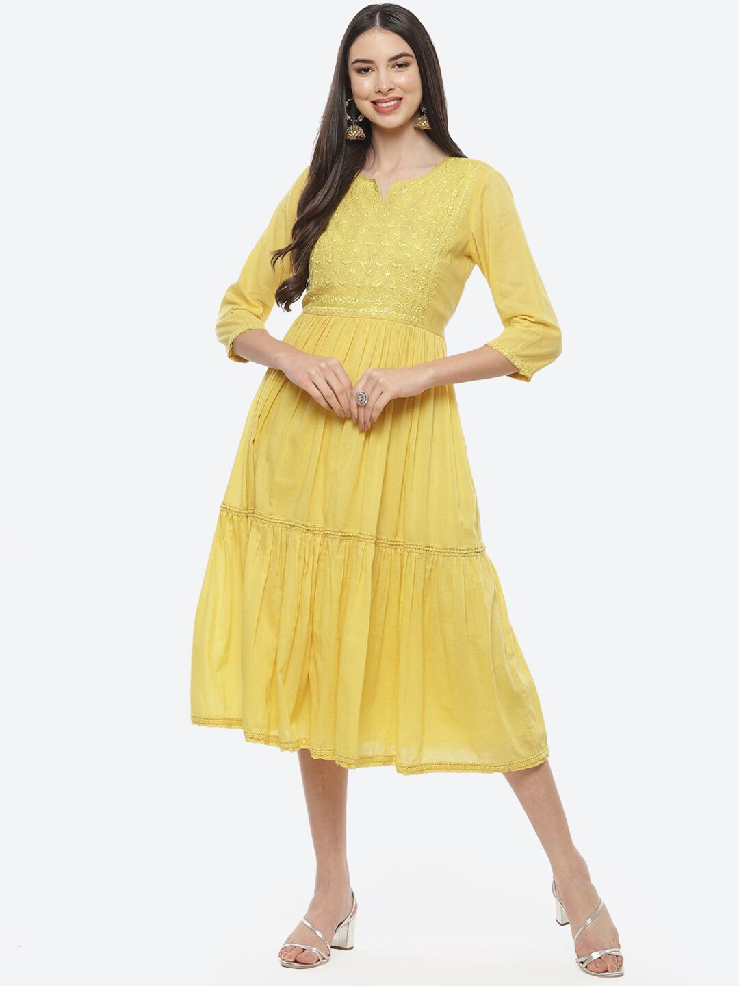 Biba Yellow Floral Embroidered Ethnic Midi Dress Price in India
