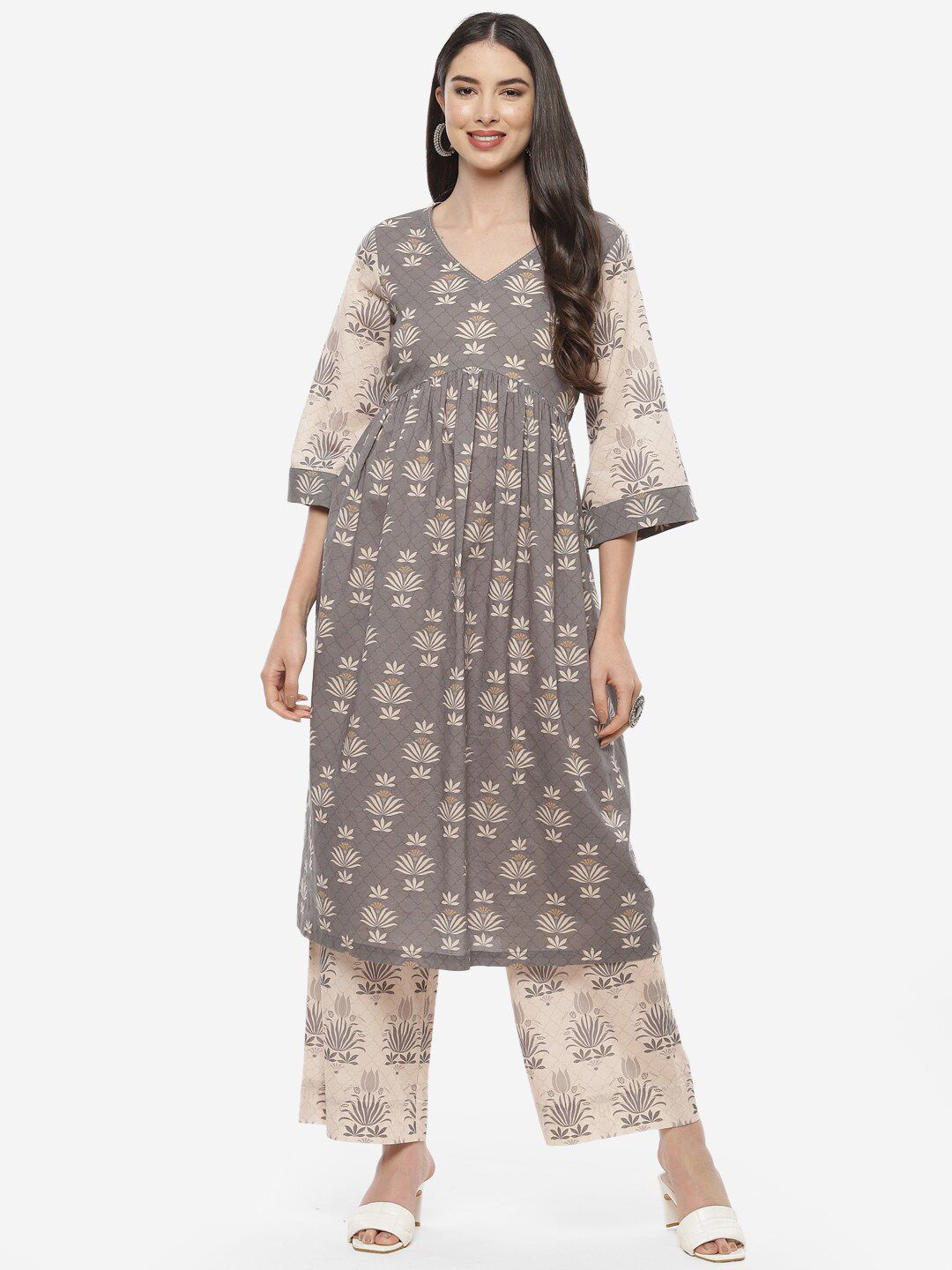 Biba Women Grey Ethnic Motifs Printed Empire Pure Cotton Kurta with Trousers Price in India