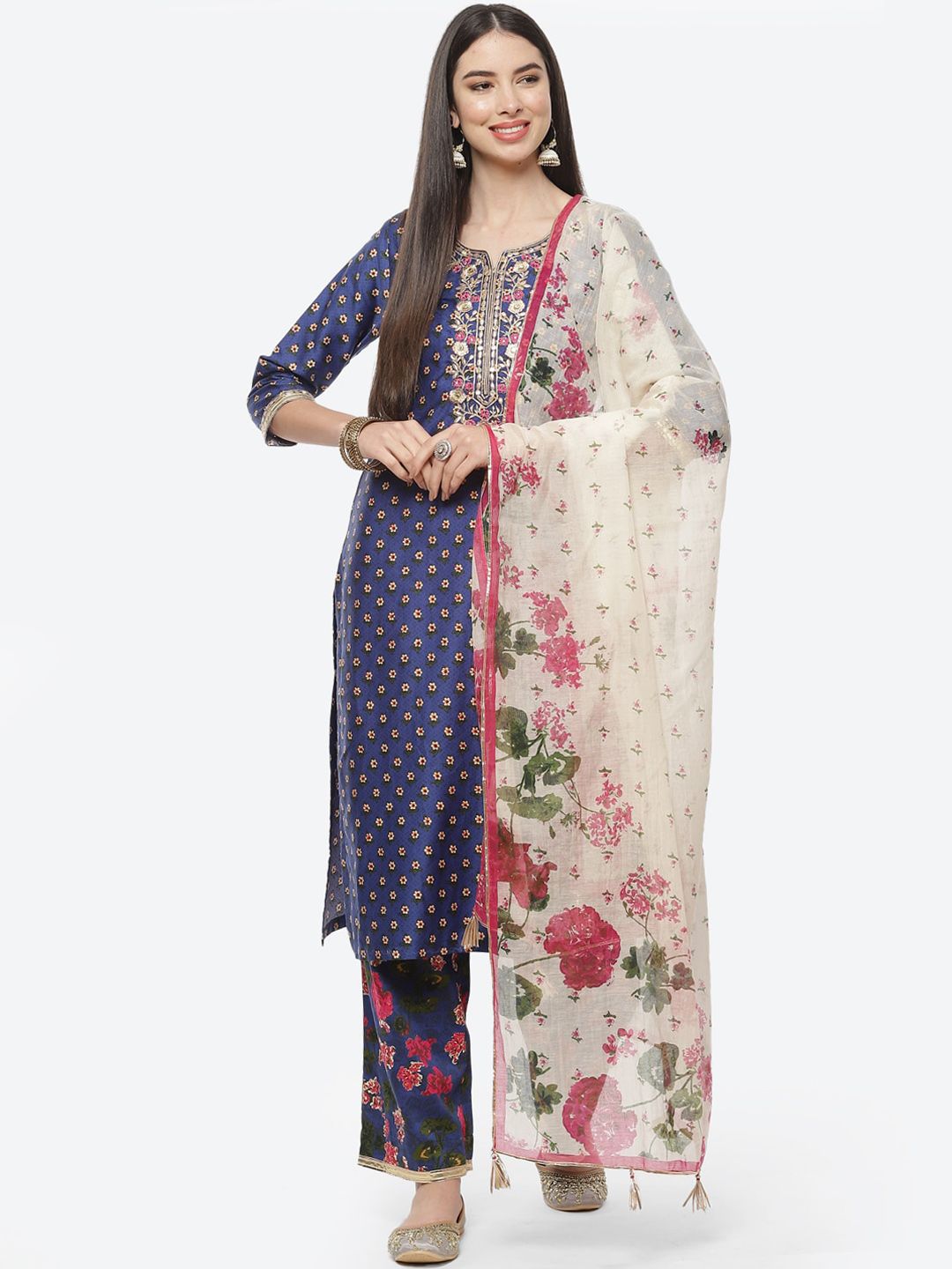 Biba Women Blue & Cream Ethnic Motifs Embroidered Pure Cotton Kurta Set With Dupatta Price in India