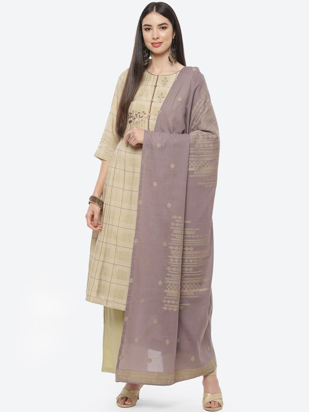 Biba Green & Brown Embroidered Pure Cotton Unstitched Dress Material Price in India