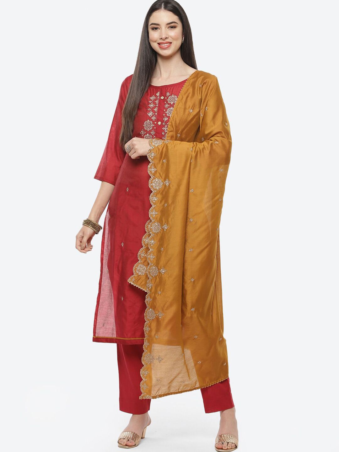 Biba Maroon & Mustard Embroidered Pure Cotton Unstitched Dress Material Price in India