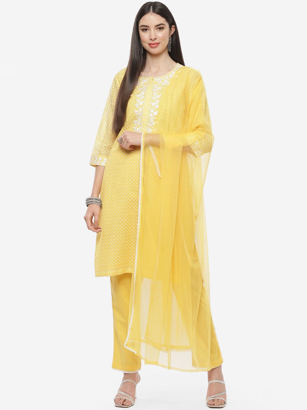 Biba Women Yellow Floral Embroidered Kurta with Salwar & Dupatta Price in India