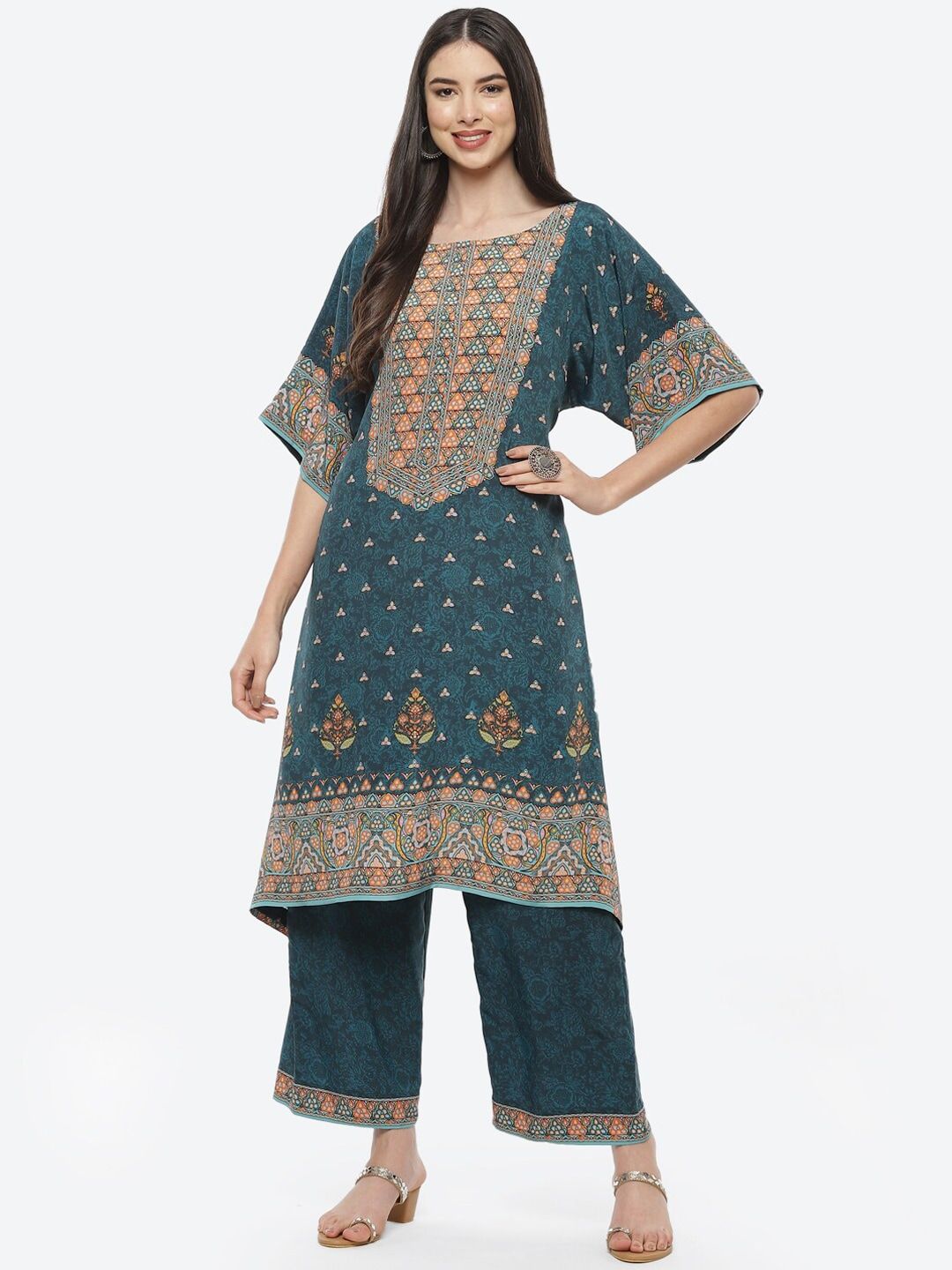 Biba Women Teal Green & Orange Ethnic Motifs Printed Kurta with Palazzos Price in India