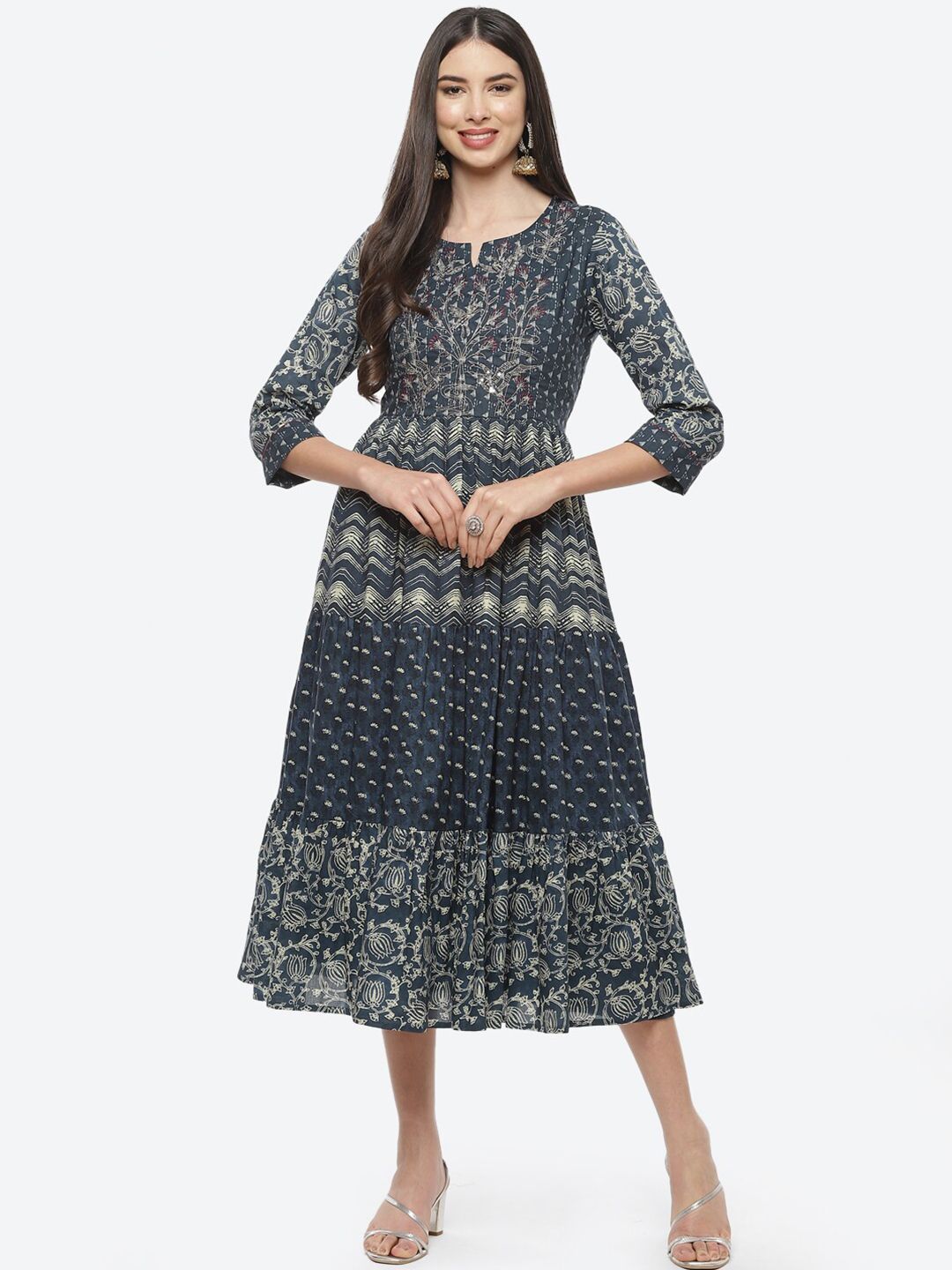 Biba Navy Blue Ethnic Motifs Ethnic A-Line Midi Dress Price in India
