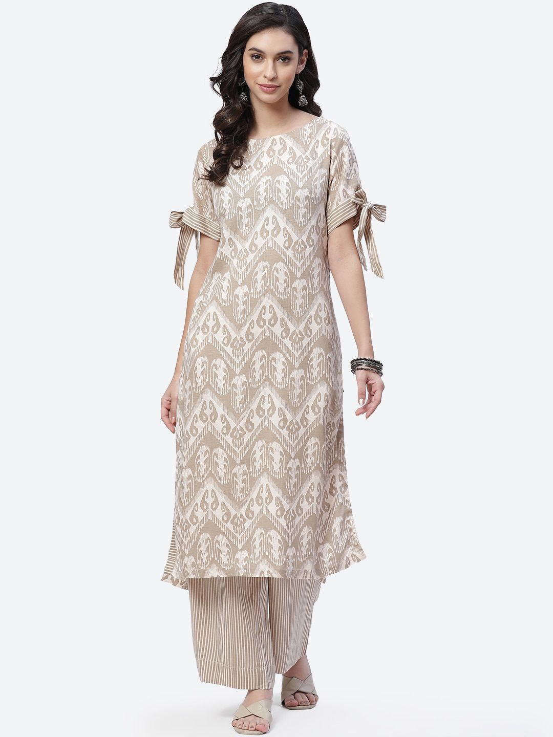 Biba Women Beige Paisley Printed Kurta with Palazzos Price in India