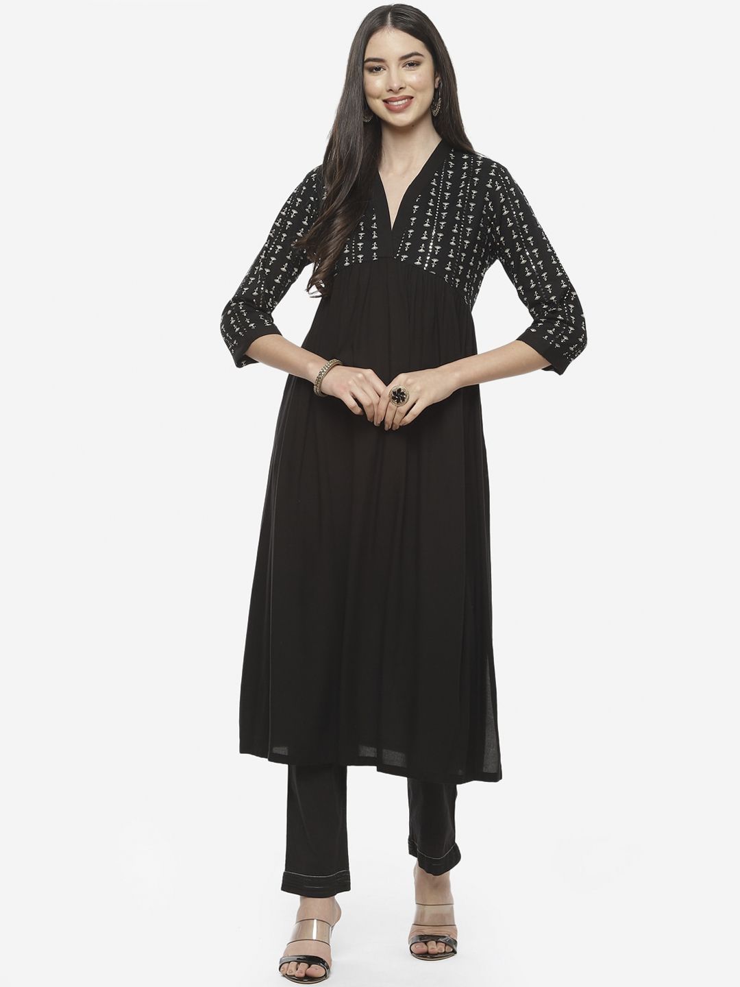 Biba Women Black & White Printed Pleated Kurta With Salwar Price in India