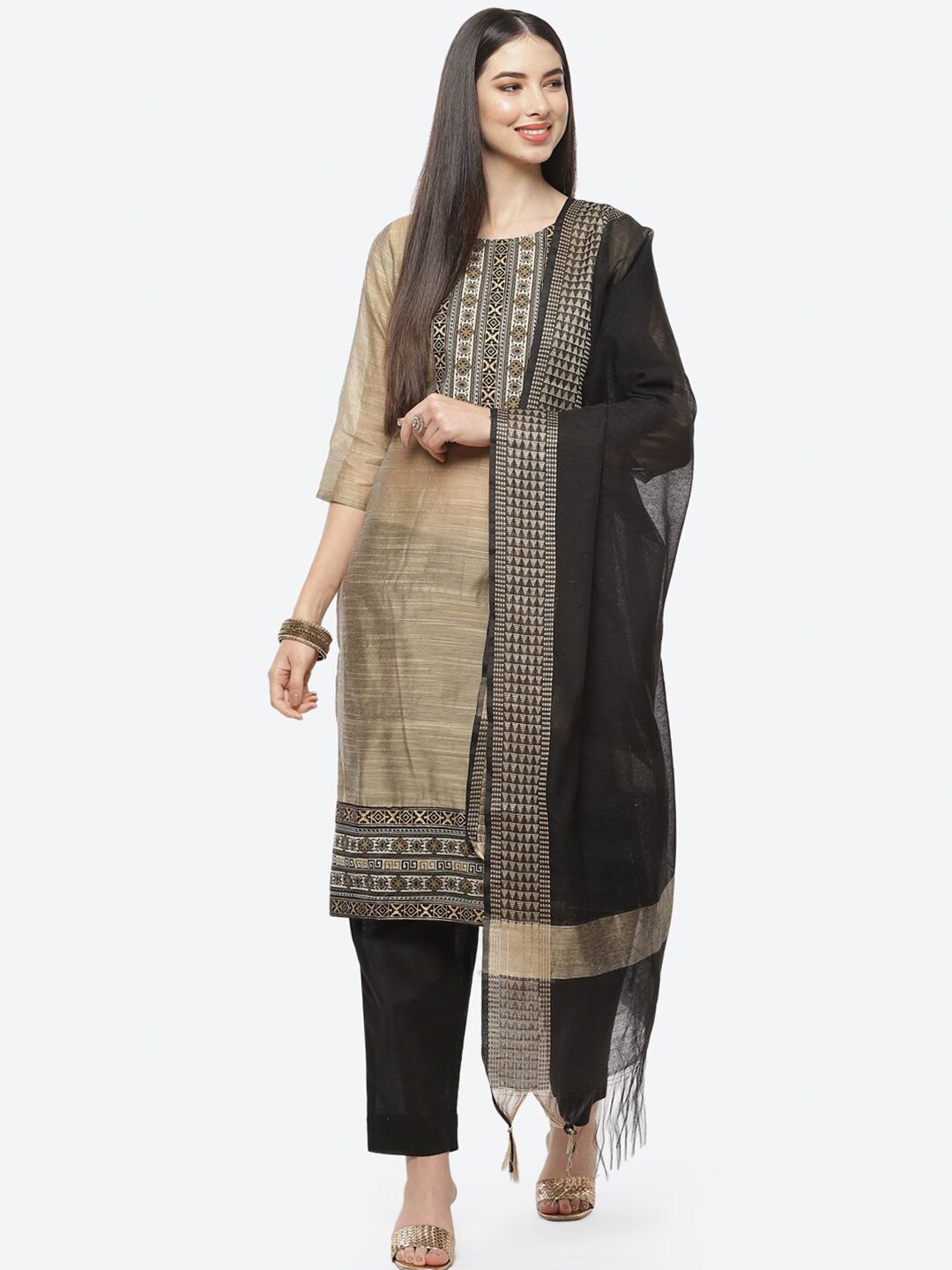 Biba Beige & Black Printed Pure Cotton Unstitched Dress Material Price in India