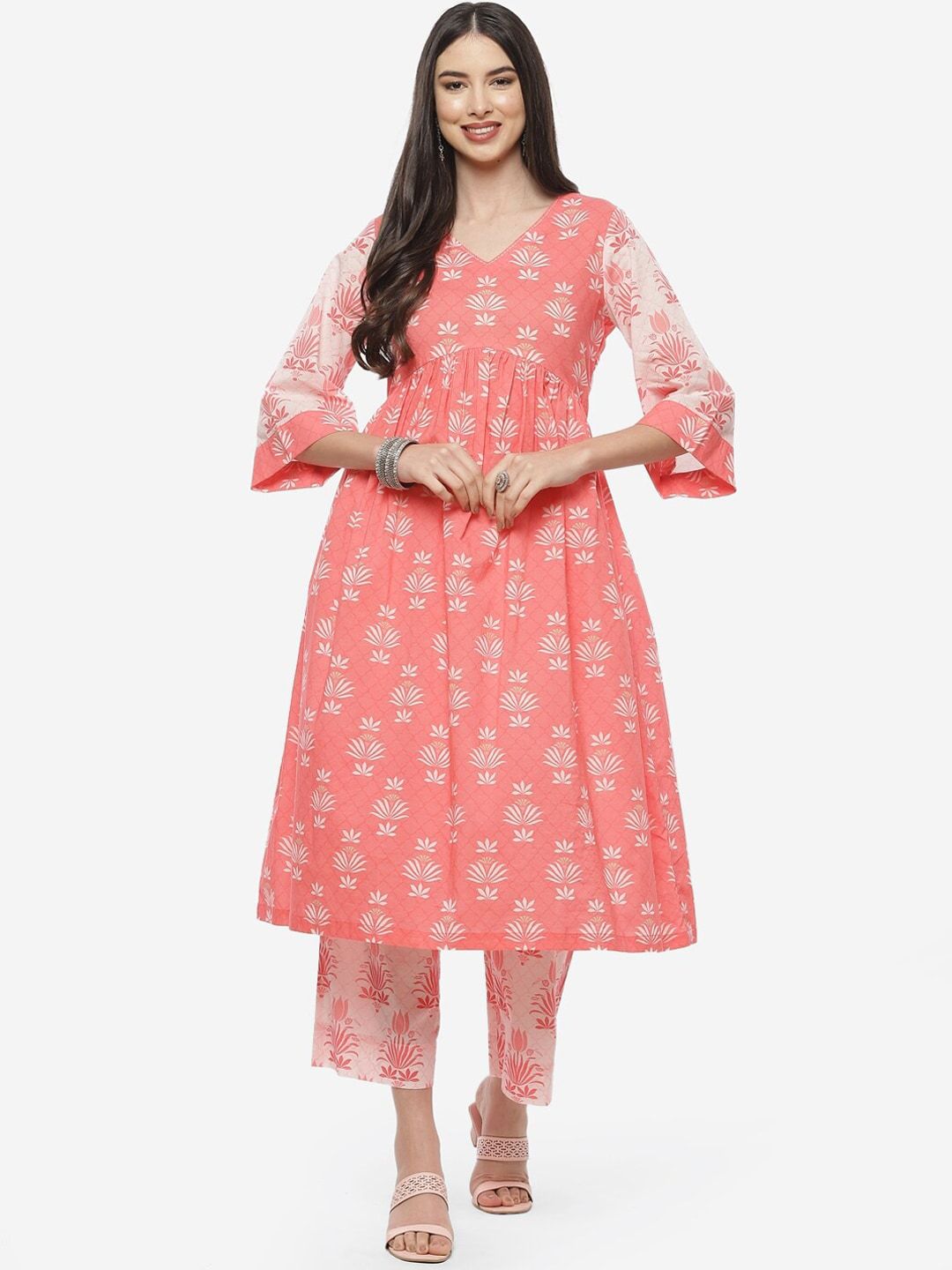Biba Women Peach-Coloured Floral Printed Pure Cotton Kurta With Palazzo Set