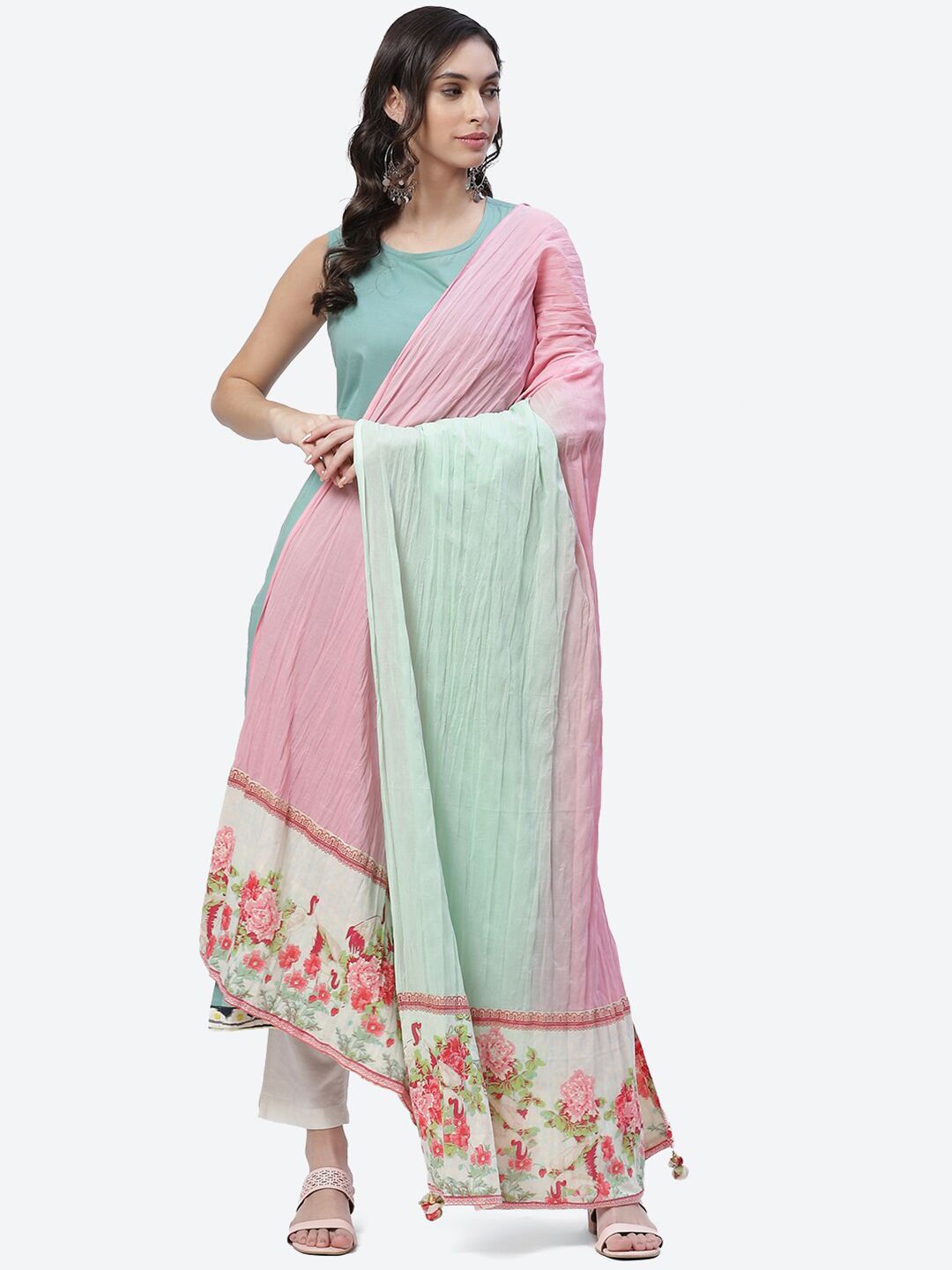 Biba Pink & Green Printed Dupatta Price in India