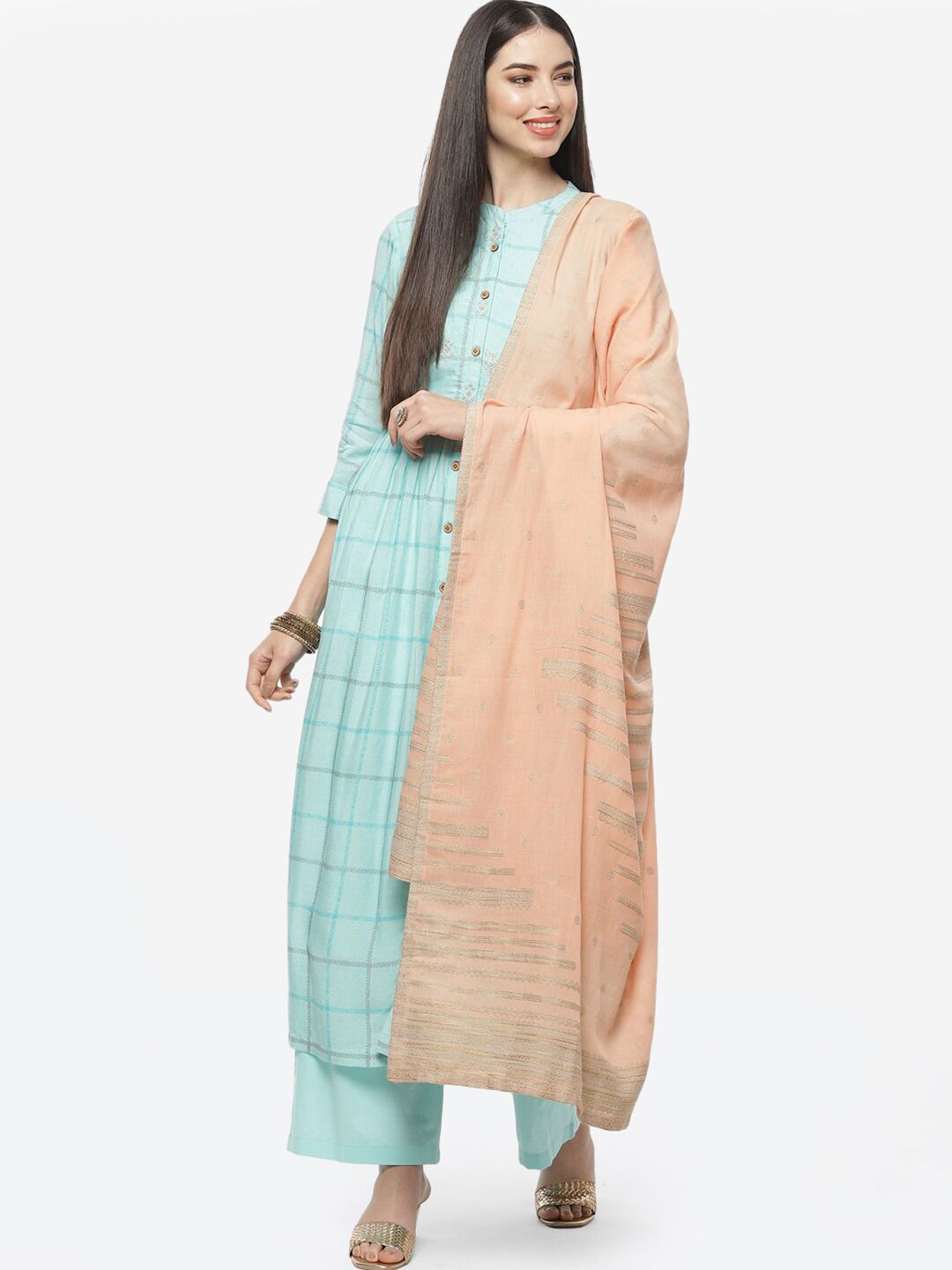 Biba Women Turquoise Blue Floral Embroidered & Checked Unstitched Dress Material