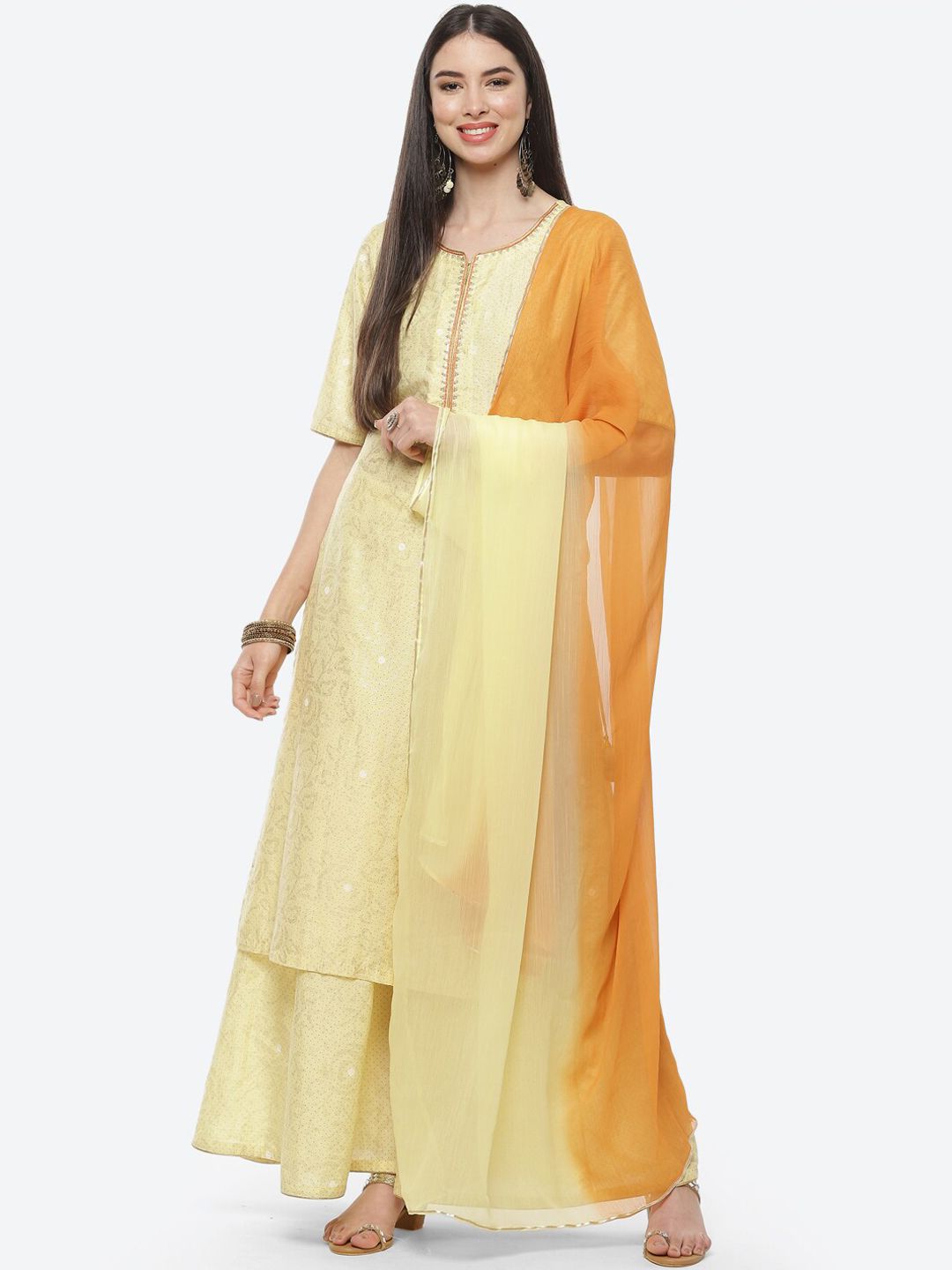 Biba Women Yellow & Rust Printed Kurta with Palazzos & Dupatta Price in India