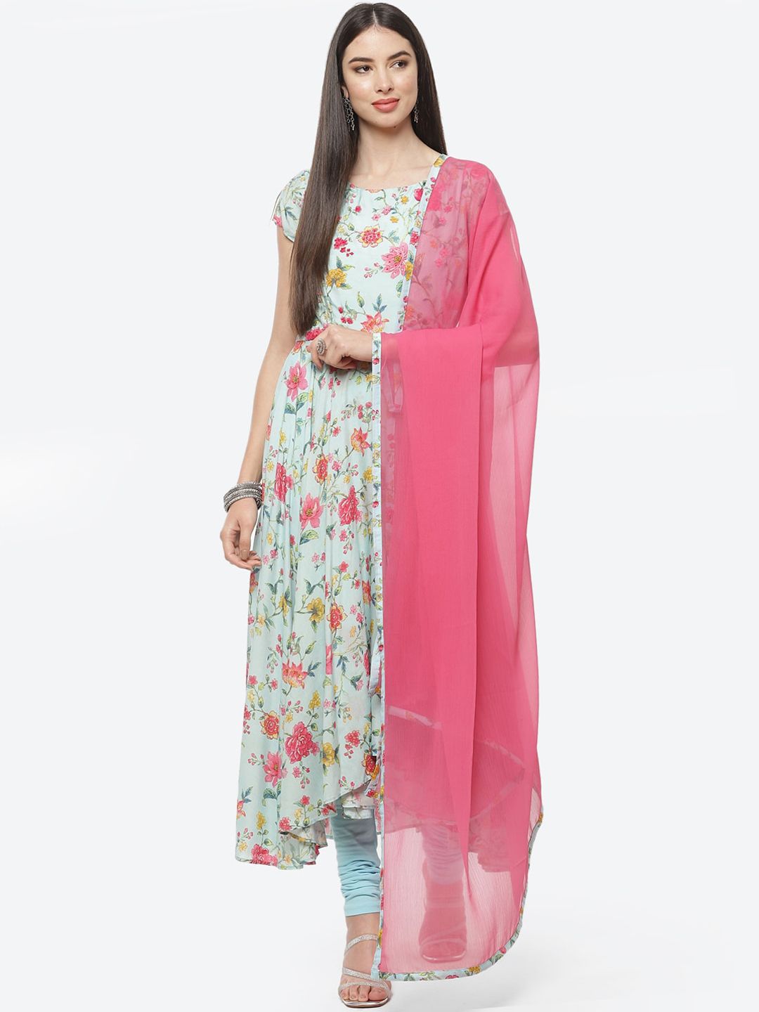 Biba Women Sea Green & Pink Floral Printed Pleated Kurta With Churidar & Dupatta Price in India