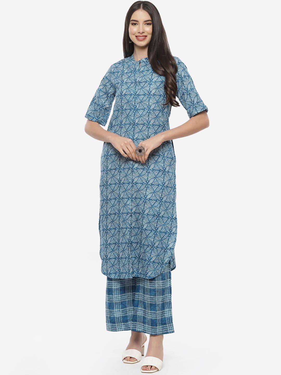 Biba Women Navy Blue Ethnic Motifs Printed Pure Cotton Kurta with Palazzos Price in India