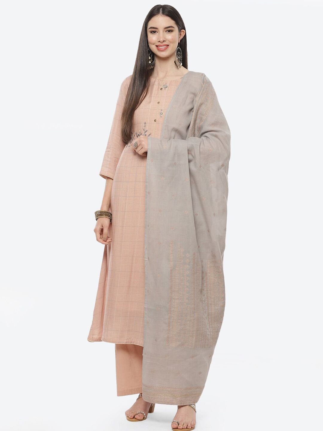 Biba Beige & Grey Embroidered Pure Cotton Unstitched Dress Material Price in India