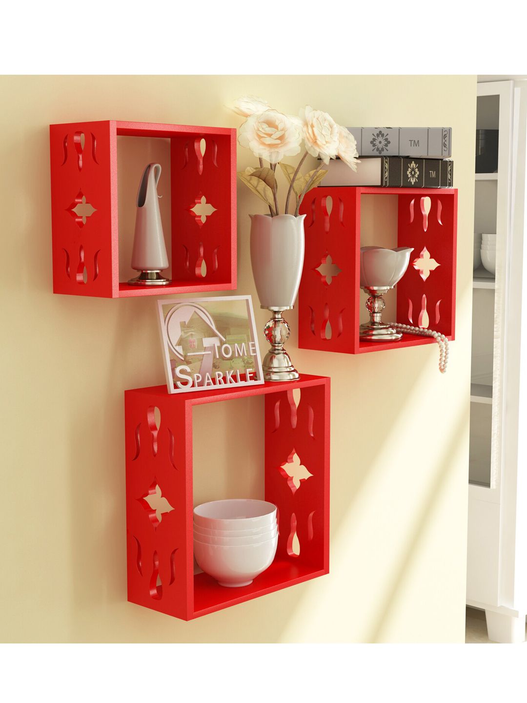 Home Sparkle Set Of 3 Red MDF Wall Shelf Price in India