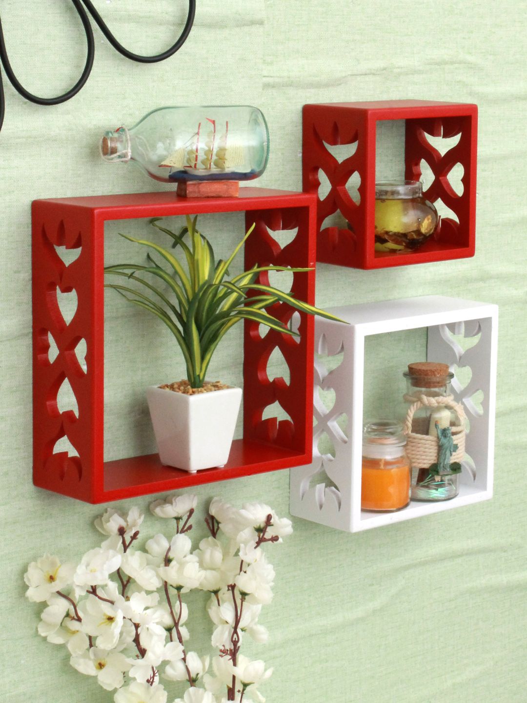 Home Sparkle Pack Of 3 Red & White MDF Wall Shelf Price in India