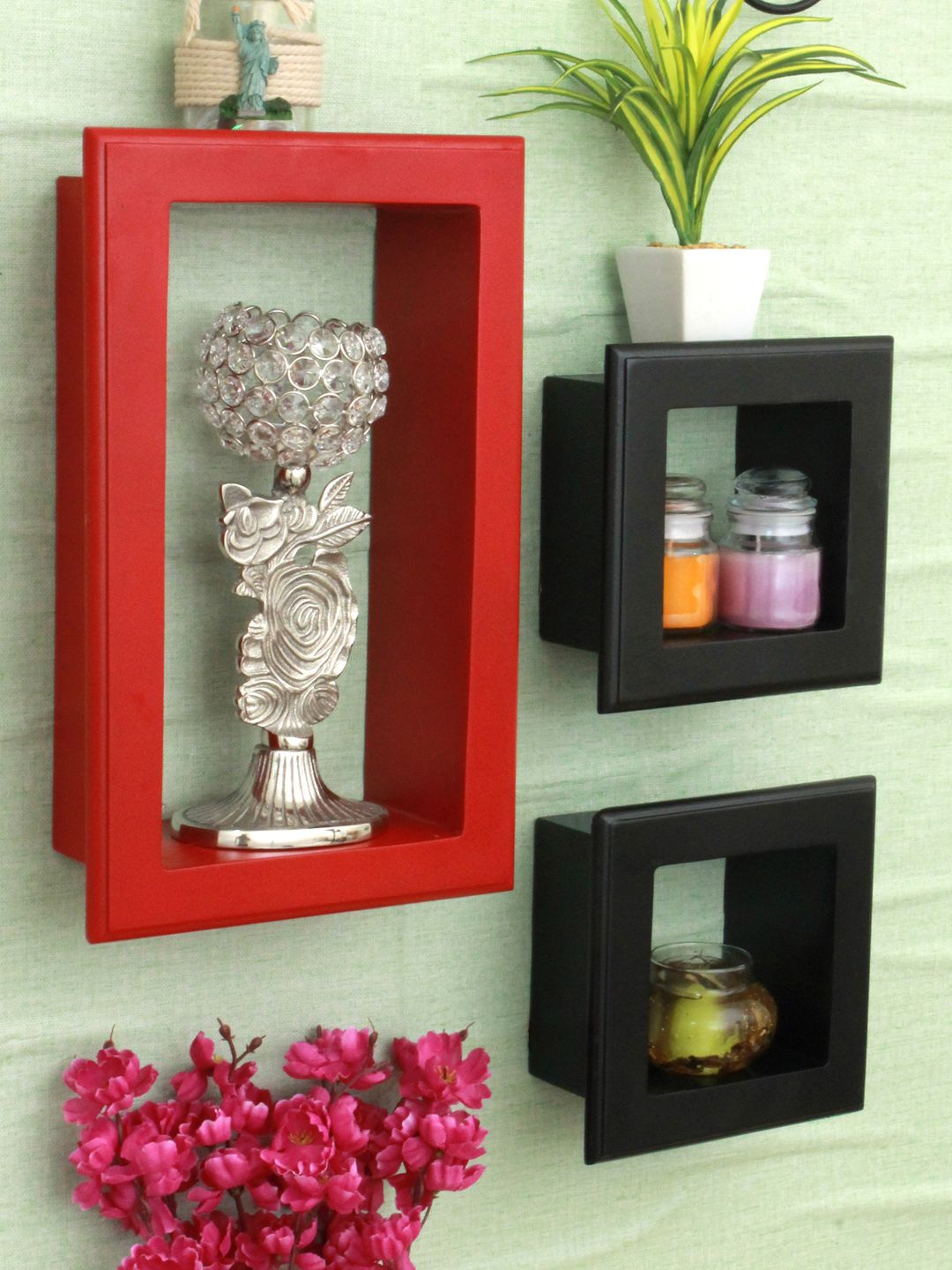 Home Sparkle Set of 3 Red & Black MDF Wall Shleves Price in India
