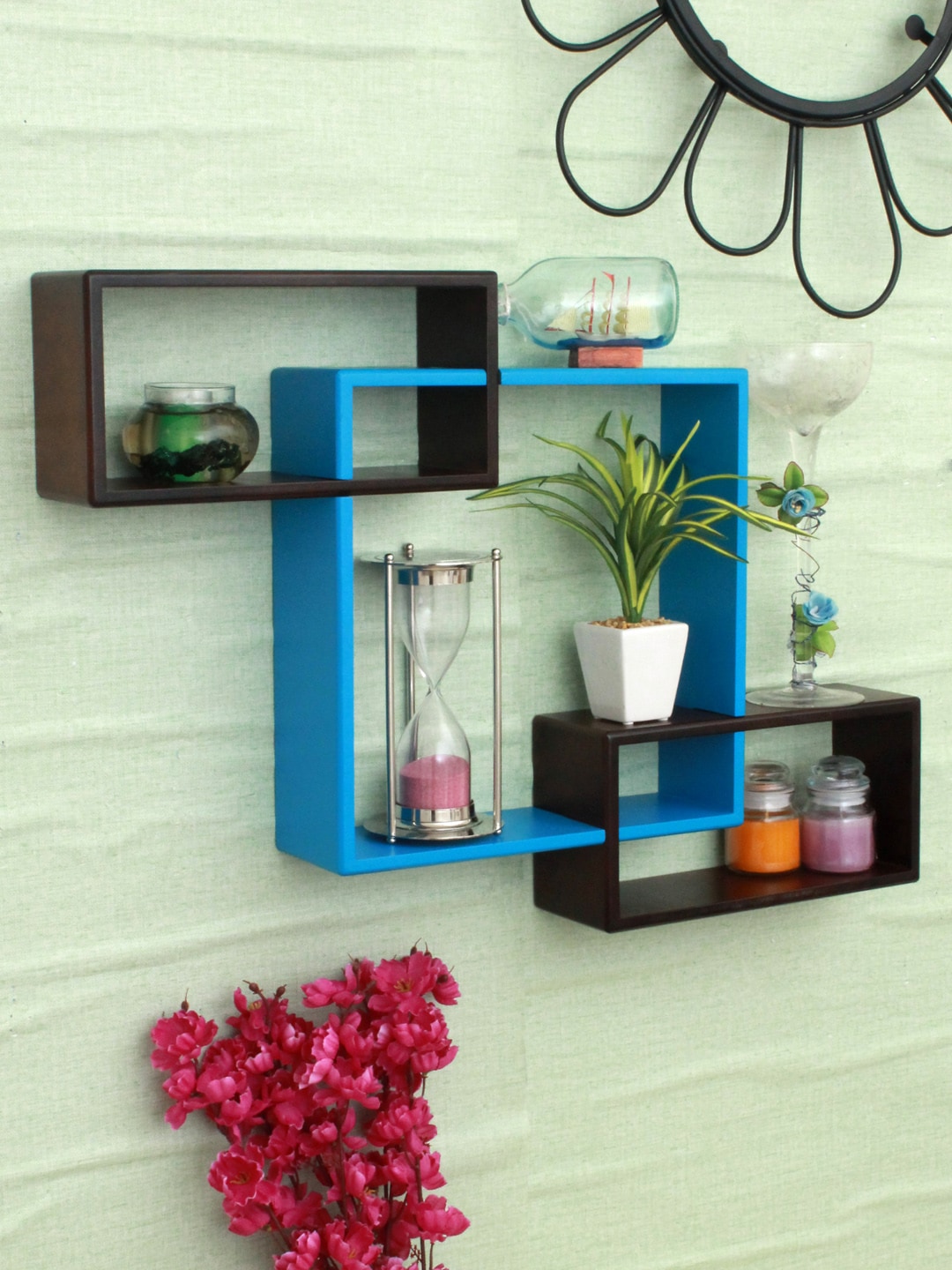 Home Sparkle Blue & Brown Set Of 3 MDF Wall Shelf Price in India