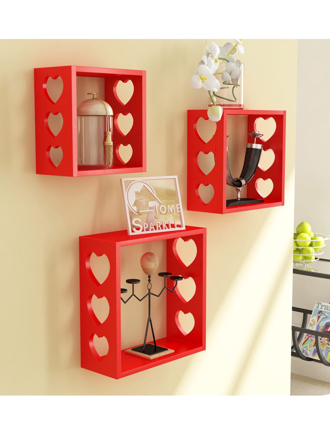 Home Sparkle Set of 3 Red MDF Wall Shelves Price in India