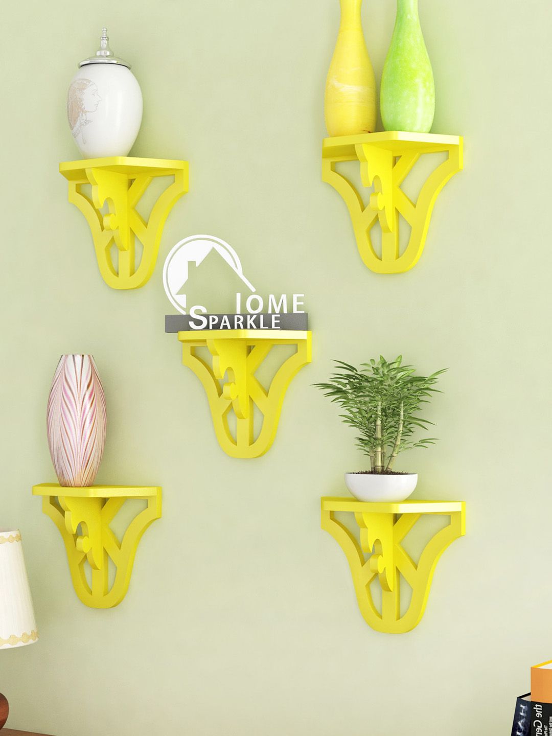 Home Sparkle Set Of 5 Yellow Carved Wall Shelves Price in India