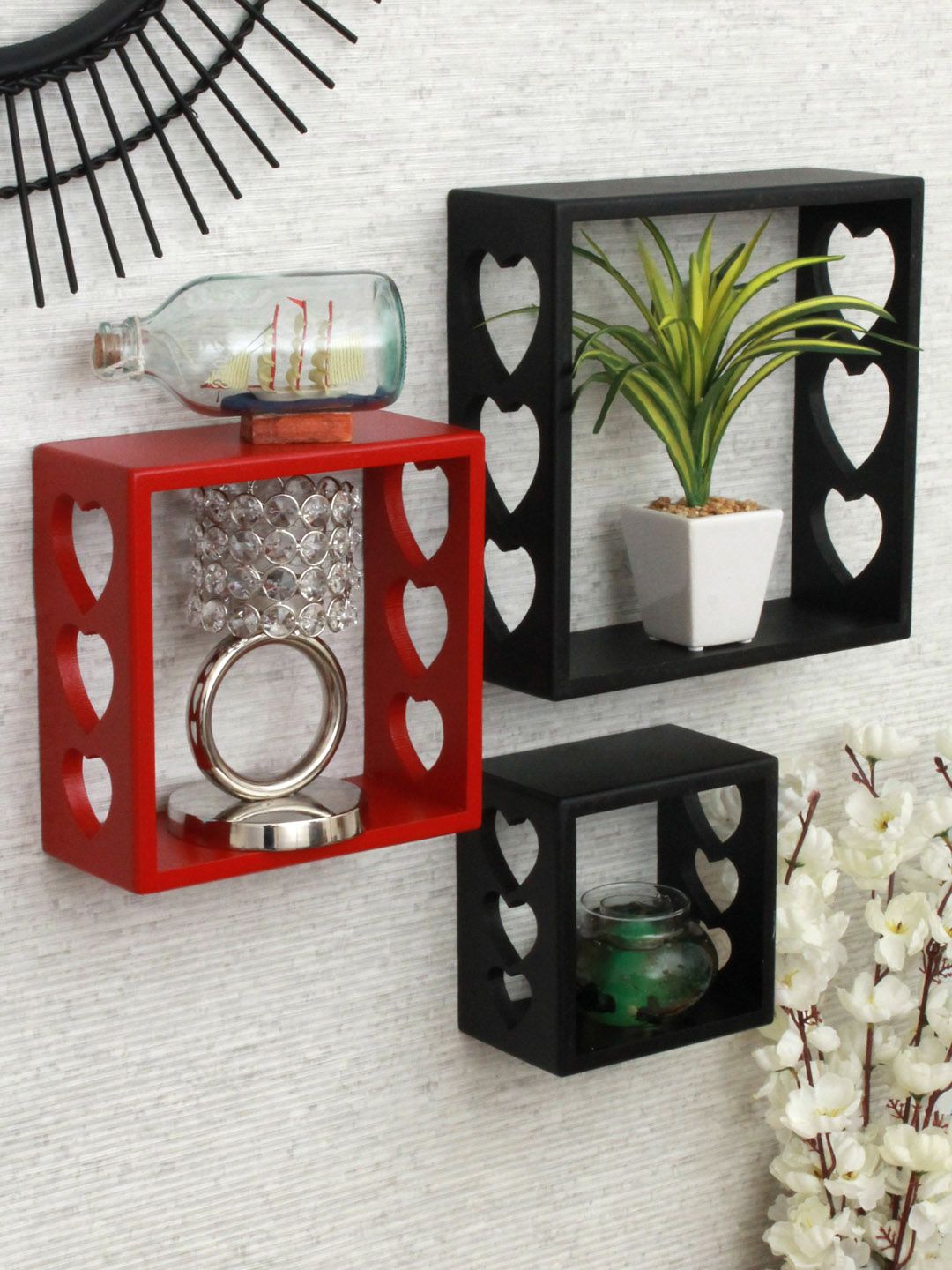 Home Sparkle Set of 3 Black & Red MDF Wall Shelfs Price in India