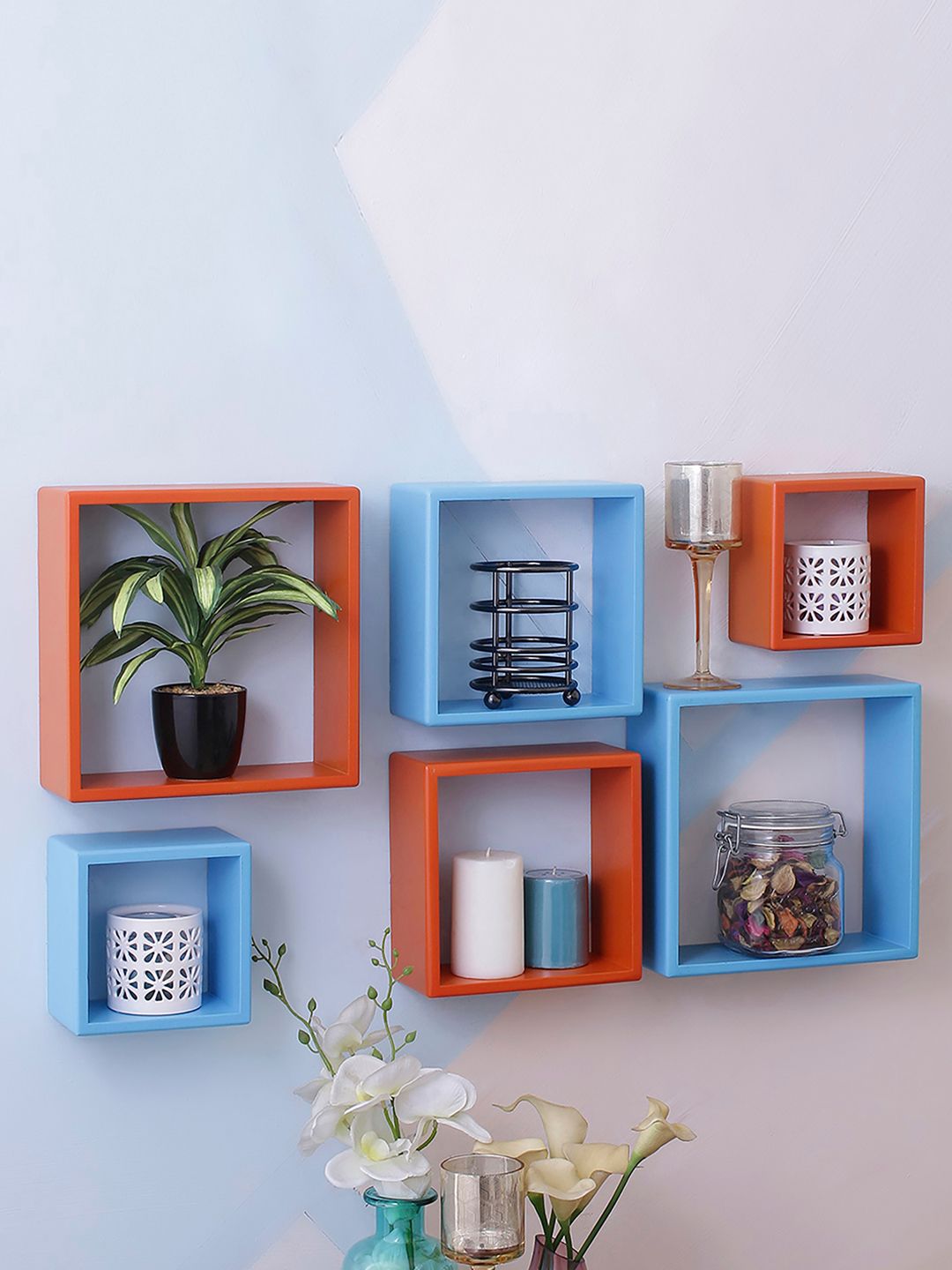 Home Sparkle Set Of 6 Blue & Red MDF Wall Shelves Price in India