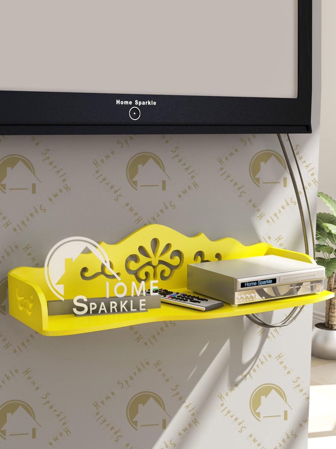 Home Sparkle Yellow MDF Wifi Stand with Holder Wall Shelf Price in India