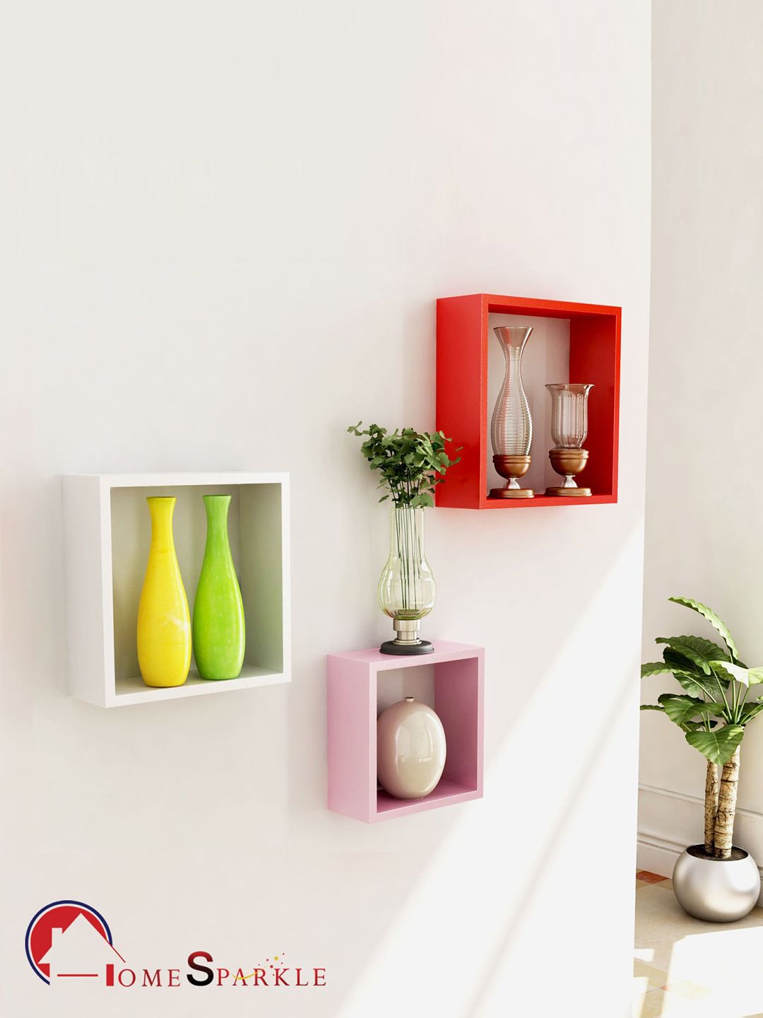 Home Sparkle Set of 3 Red & White MDF Wall Shelves Price in India