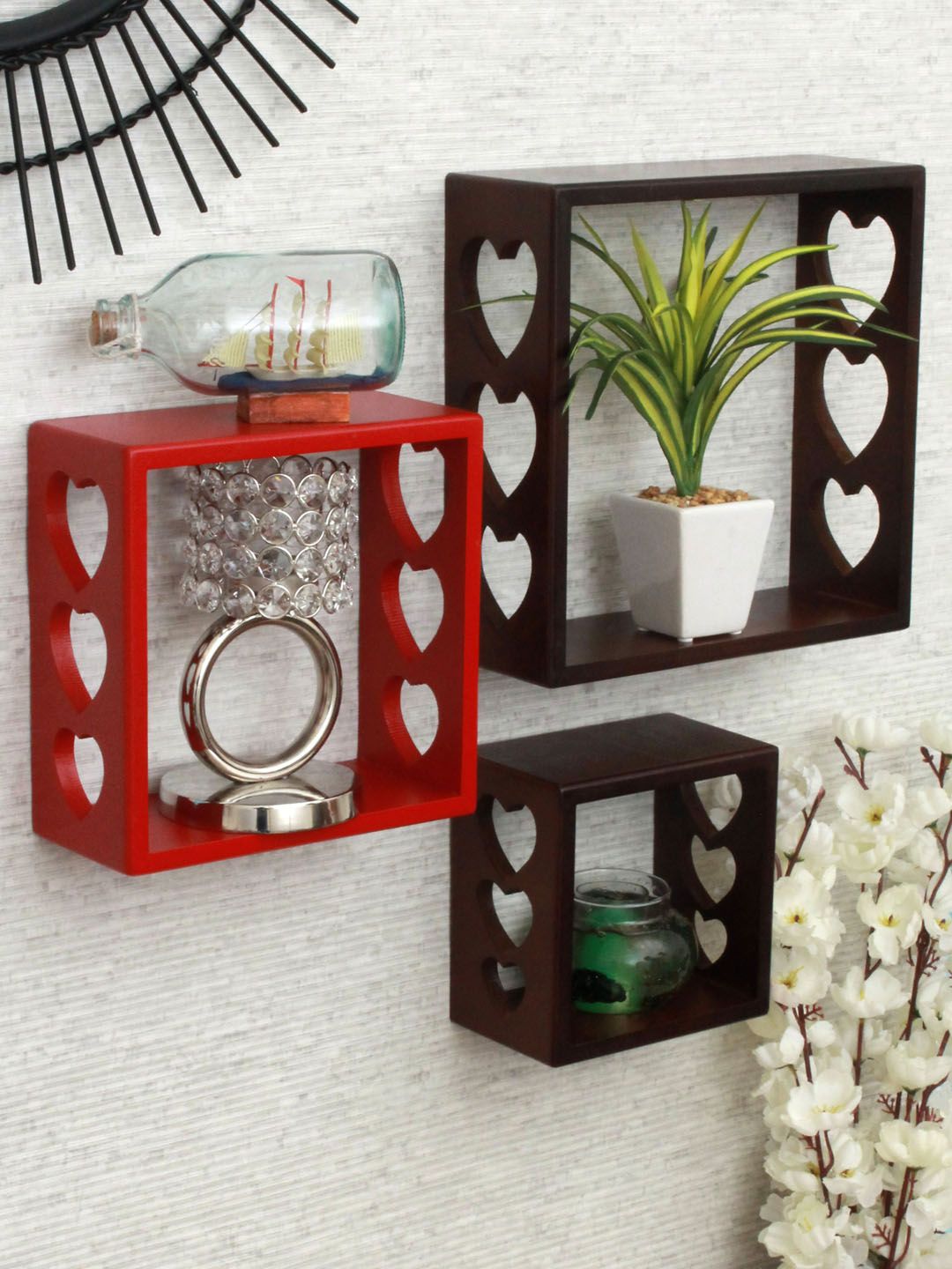 Home Sparkle Set of 3 Brown & Red MDF Pocket Wall Shelf Price in India
