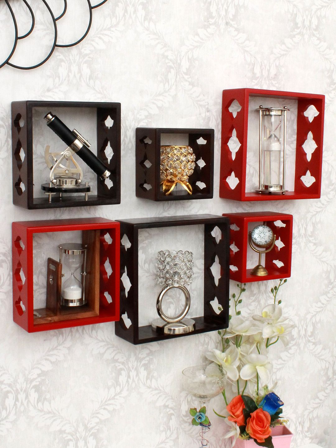 Home Sparkle Pack Of 6 Brown & Red MDF Wall Shelves Price in India