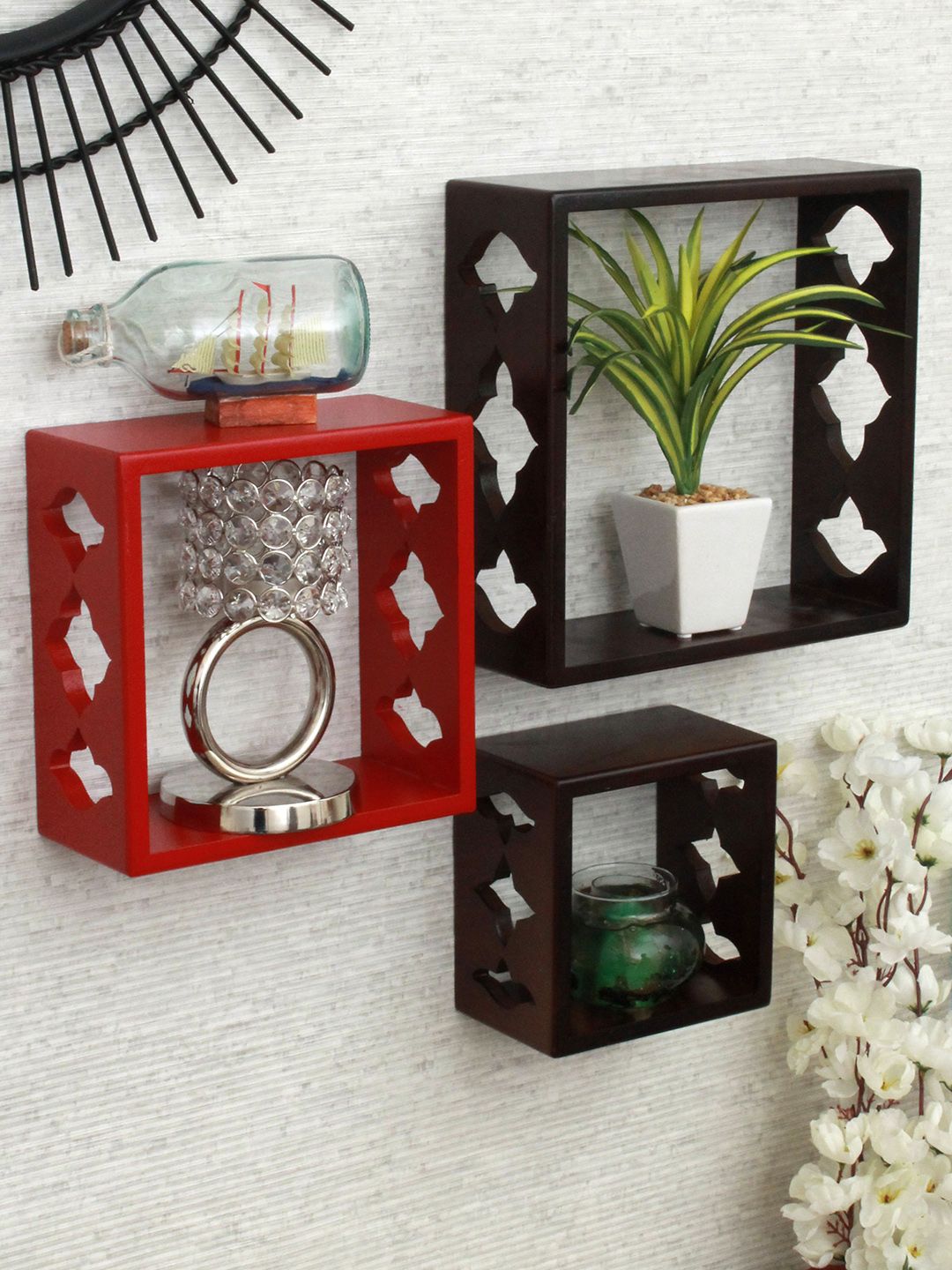 Home Sparkle Set Of 3 Brown & Red MDF Wall Shelf Price in India