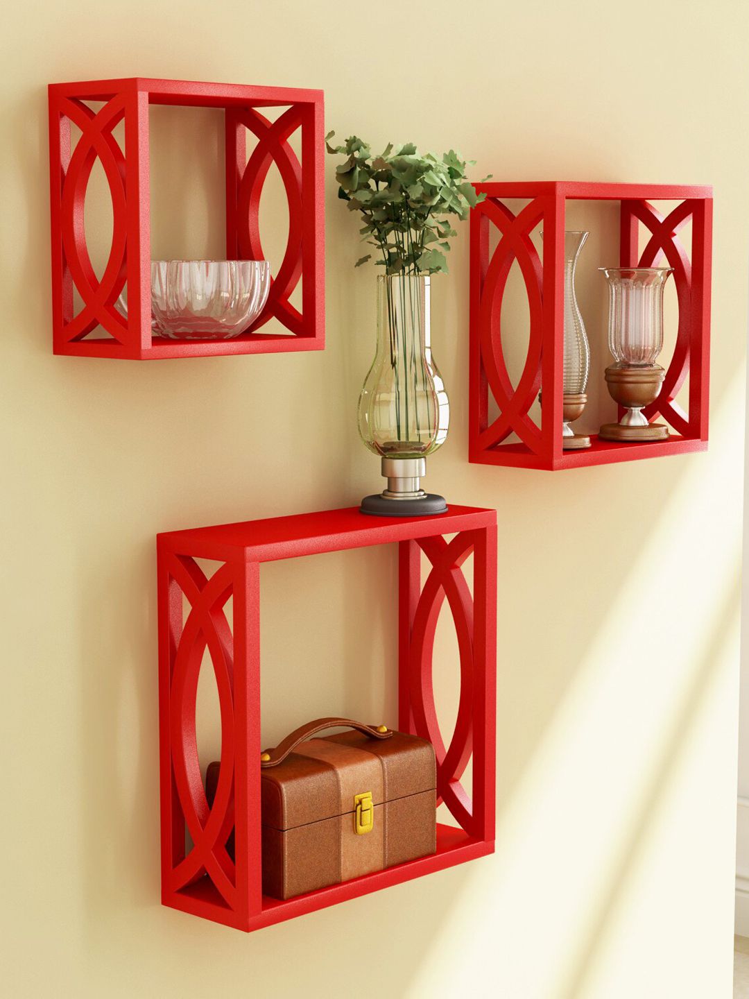 Home Sparkle Set of 3 Red MDF Wall Shelves Price in India