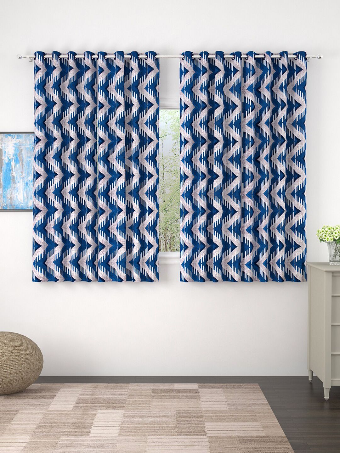 Bedspun Blue & Grey Set of 4 Geometric Window Curtain Price in India