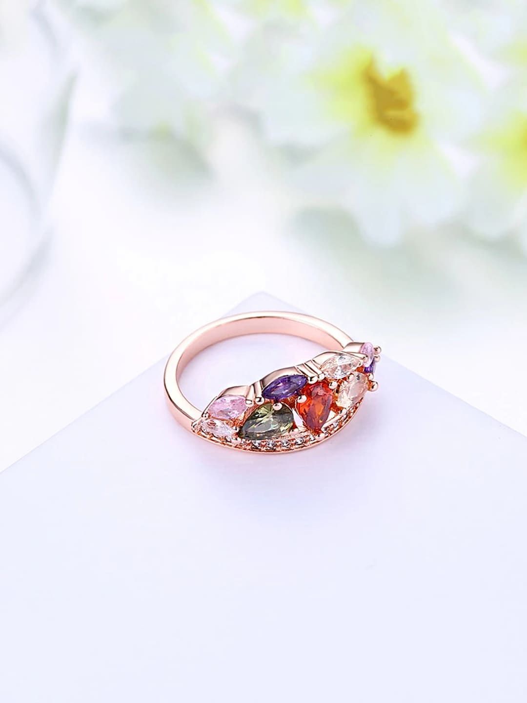 Yellow Chimes 18K Rose Gold-Plated Red & White Crystal-Studded Finger Ring Price in India