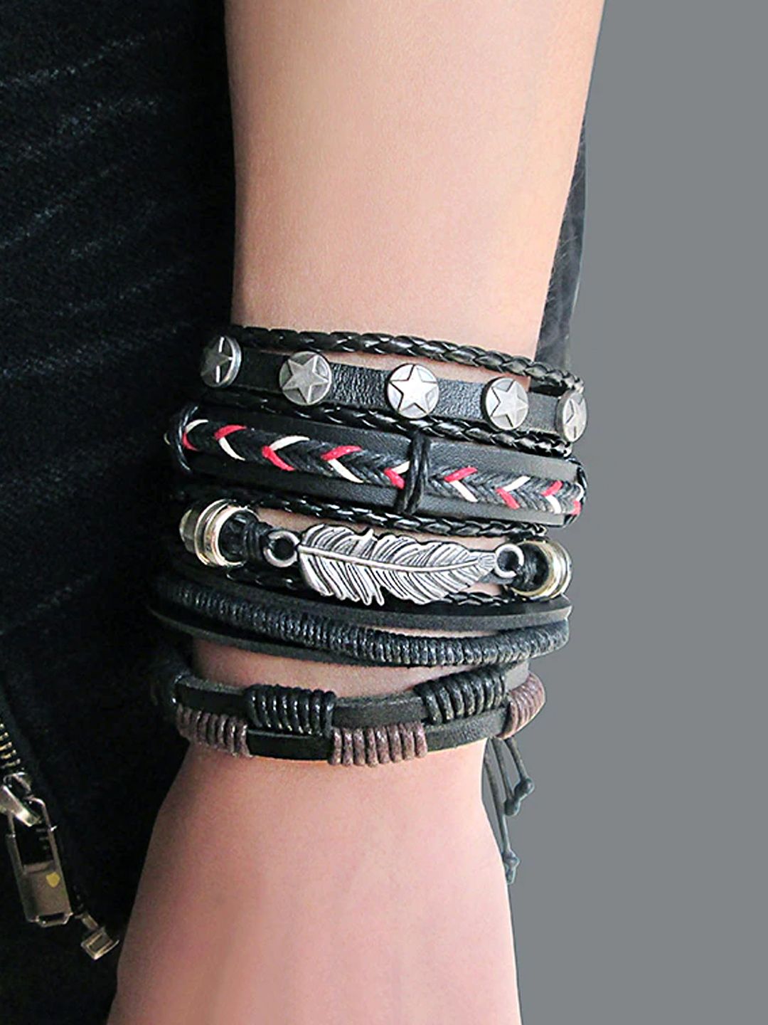 Yellow Chimes Unisex Set of 5 Black & Red Leather Stackable Multistrand Bracelets Price in India