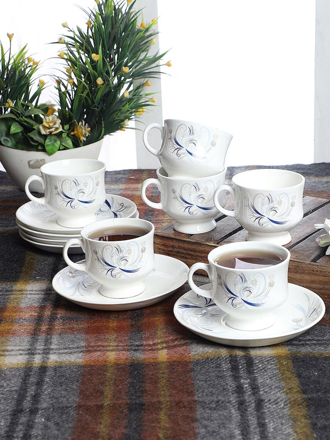 CDI White & Blue Floral Printed Bone China 6 Glossy Cups with 6 Saucers Price in India