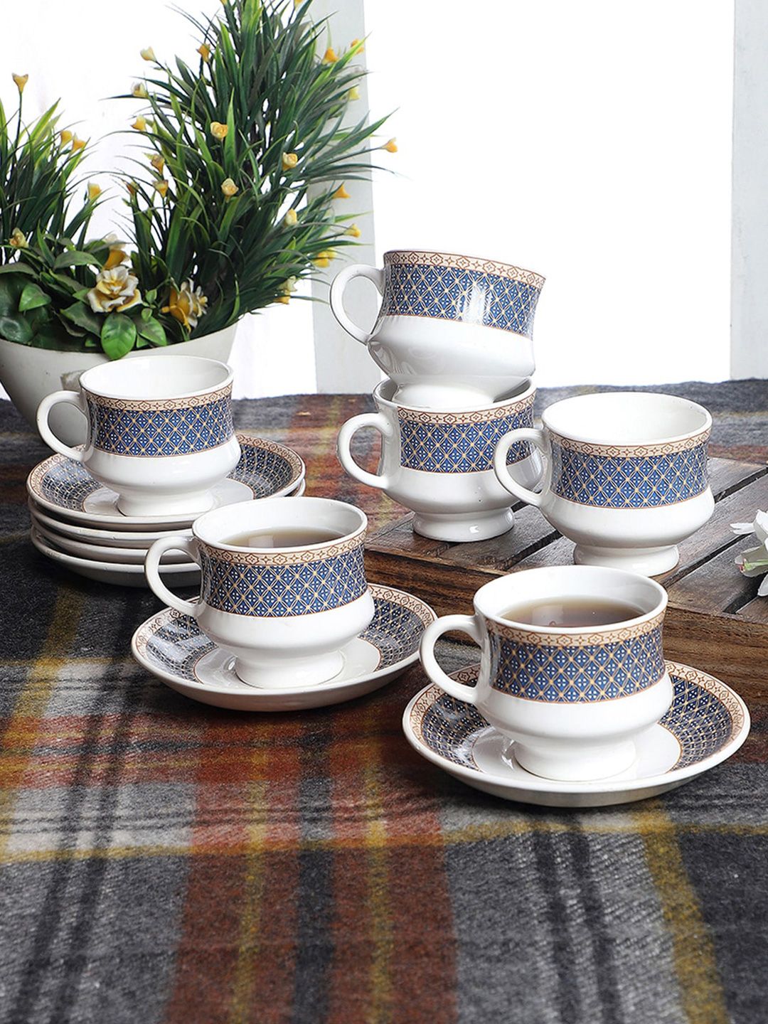 CDI Pack Of 12 White & Blue Geometric Bone China Cups & Saucers Set Price in India