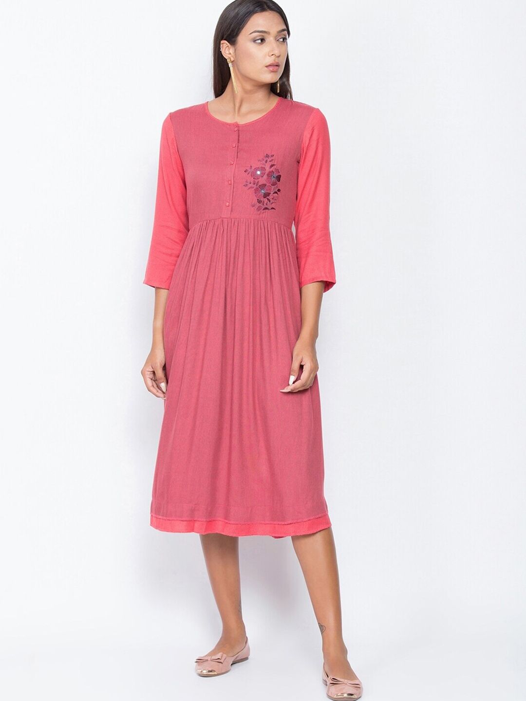 Be Indi Pink Midi Fit & Flare Dress with Embroidered Detail Price in India