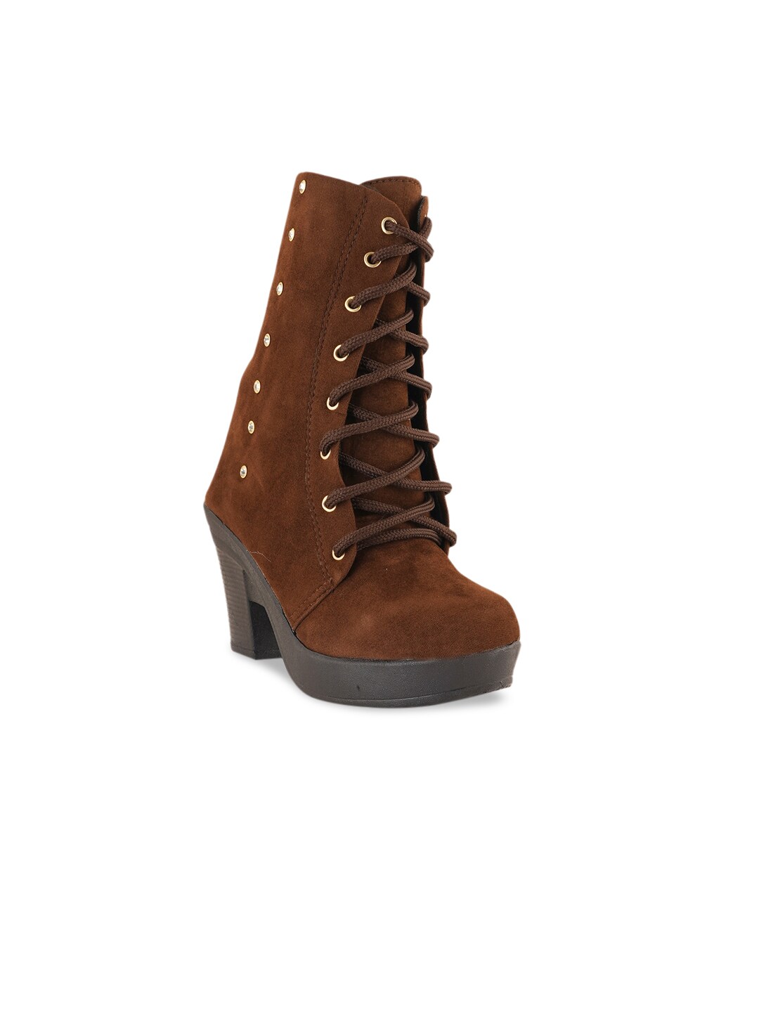 Walkfree Women Brown Suede High-Top Flat Boots Price in India