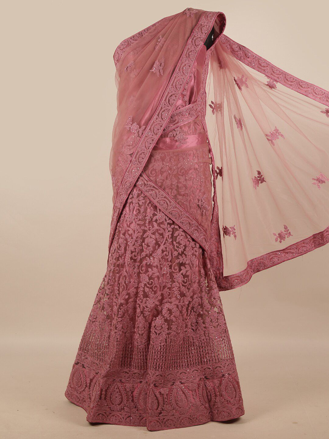 Pothys Pink Embroidered Unstitched Net Skirt & Blouse With Dhavani Price in India