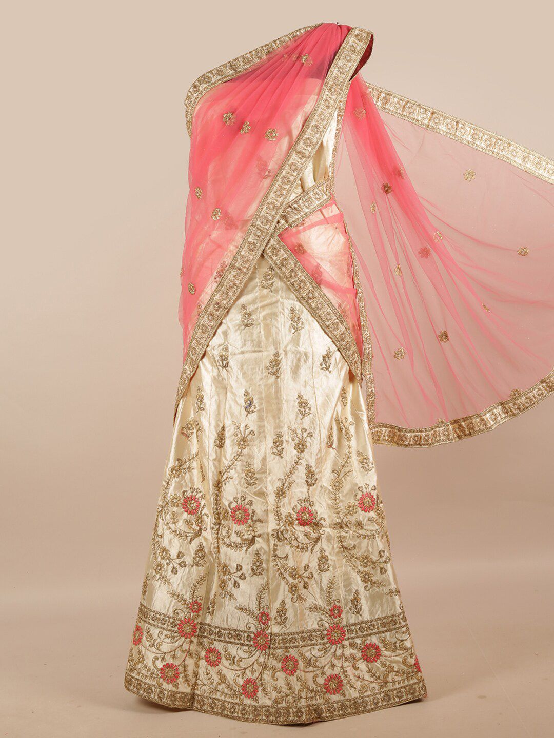 Pothys Pink & Gold-Toned Embroidered Unstitched Lehenga Choli With Dupatta Price in India