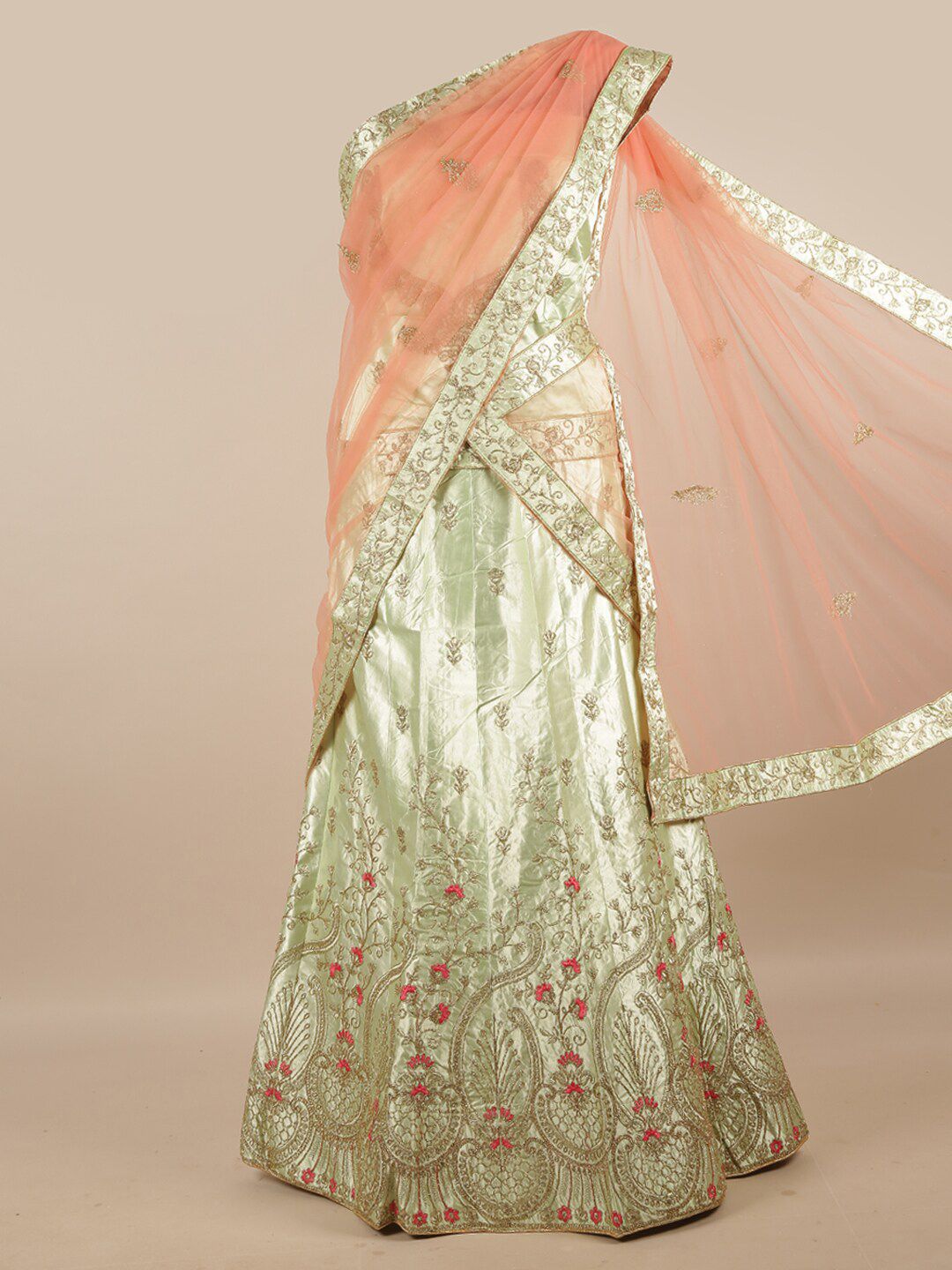 Pothys Peach-Coloured & Sea Green Embroidered Unstitched Skirt & Blouse With Net Dhavani Price in India