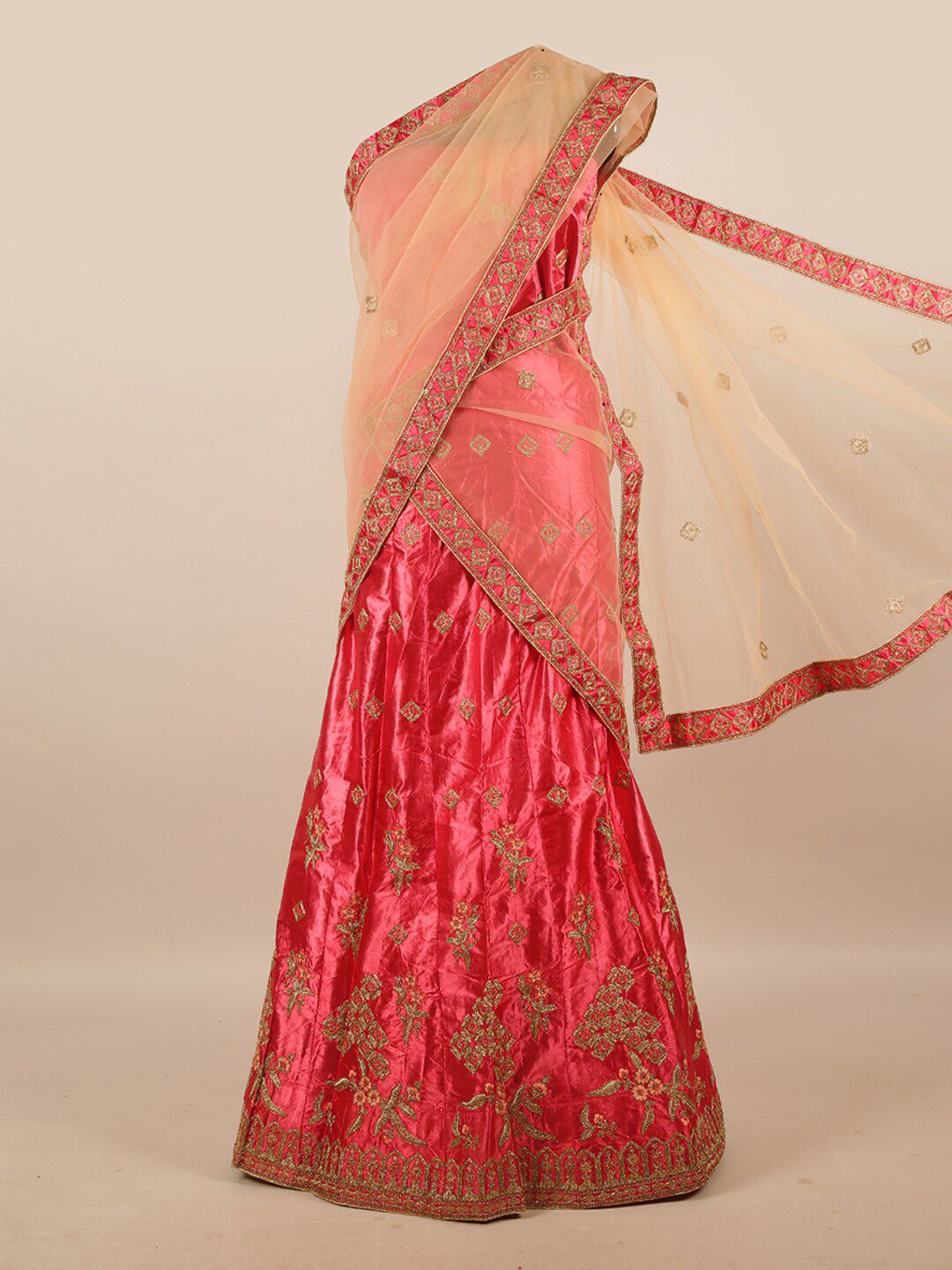 Pothys Peach-Coloured & Pink Embroidered Zardozi Unstitched Lehenga & Blouse With Dupatta Price in India