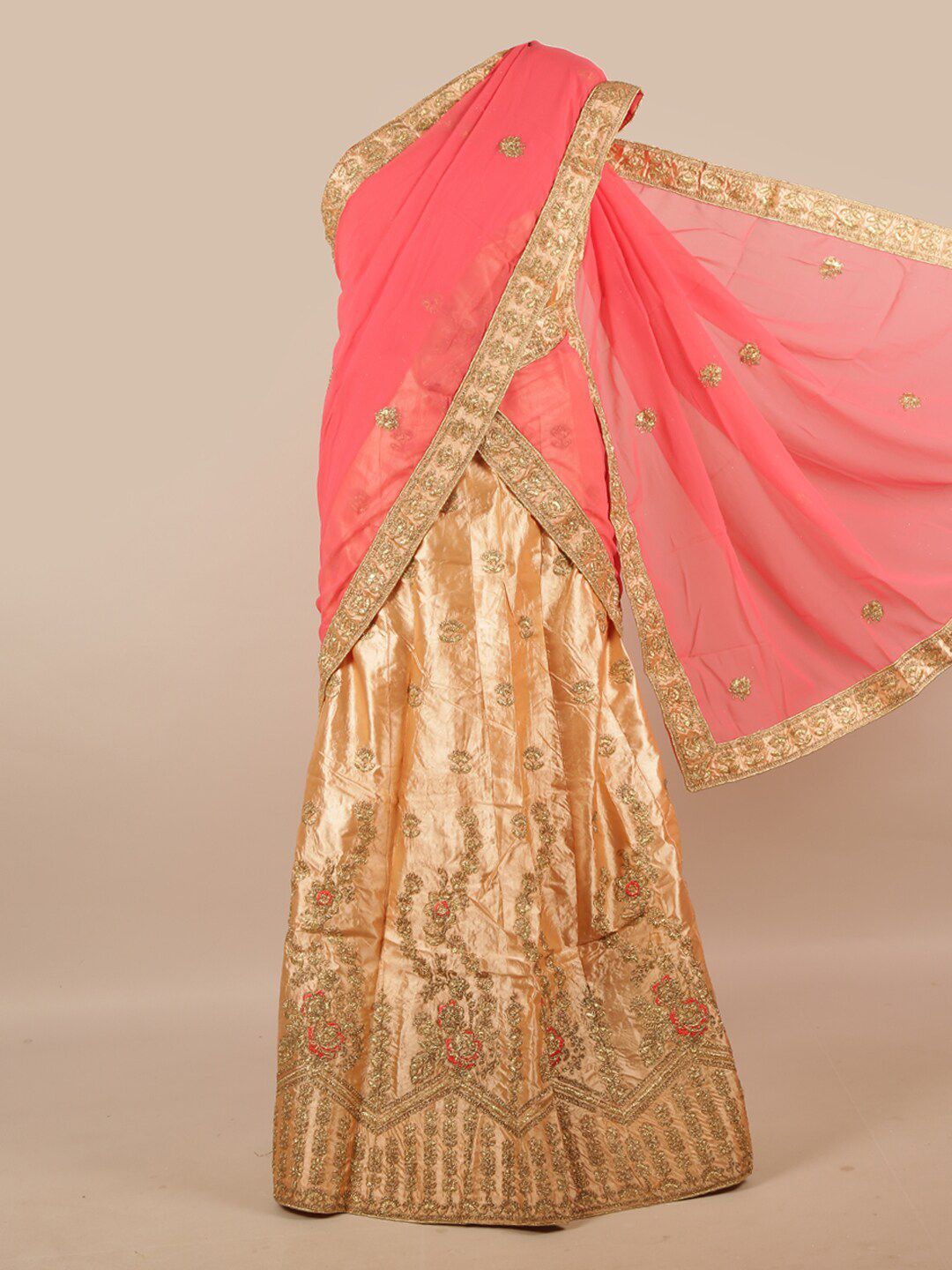 Pothys Women Pink & Peach-Coloured Embroidered Unstitched Lehenga & Blouse With Dupatta Price in India