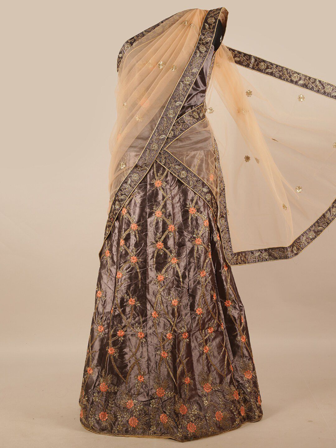 Pothys Peach-Coloured & Brown Embroidered Unstitched Lehenga & Blouse With Dupatta Price in India