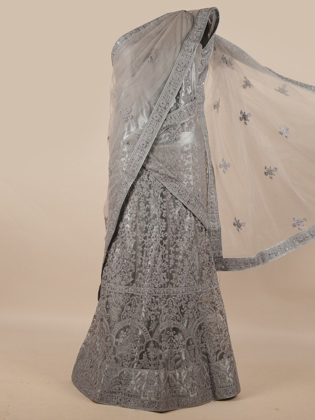 Pothys Grey Embellished Unstitched Lehenga & Blouse With Dupatta Price in India