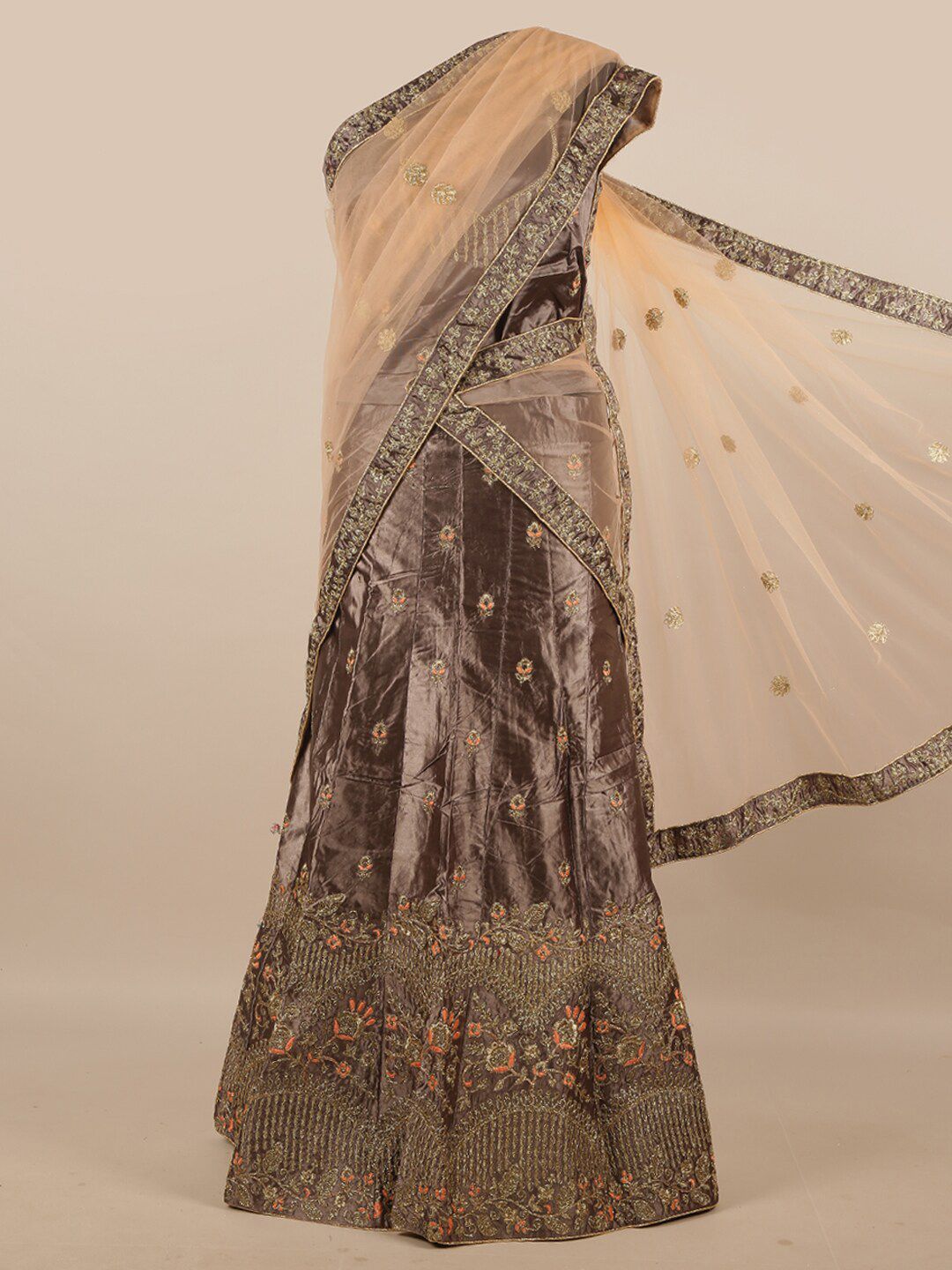 Pothys Peach-Coloured & Grey Embroidered Zardozi Unstitched Lehenga & Blouse With Dupatta Price in India