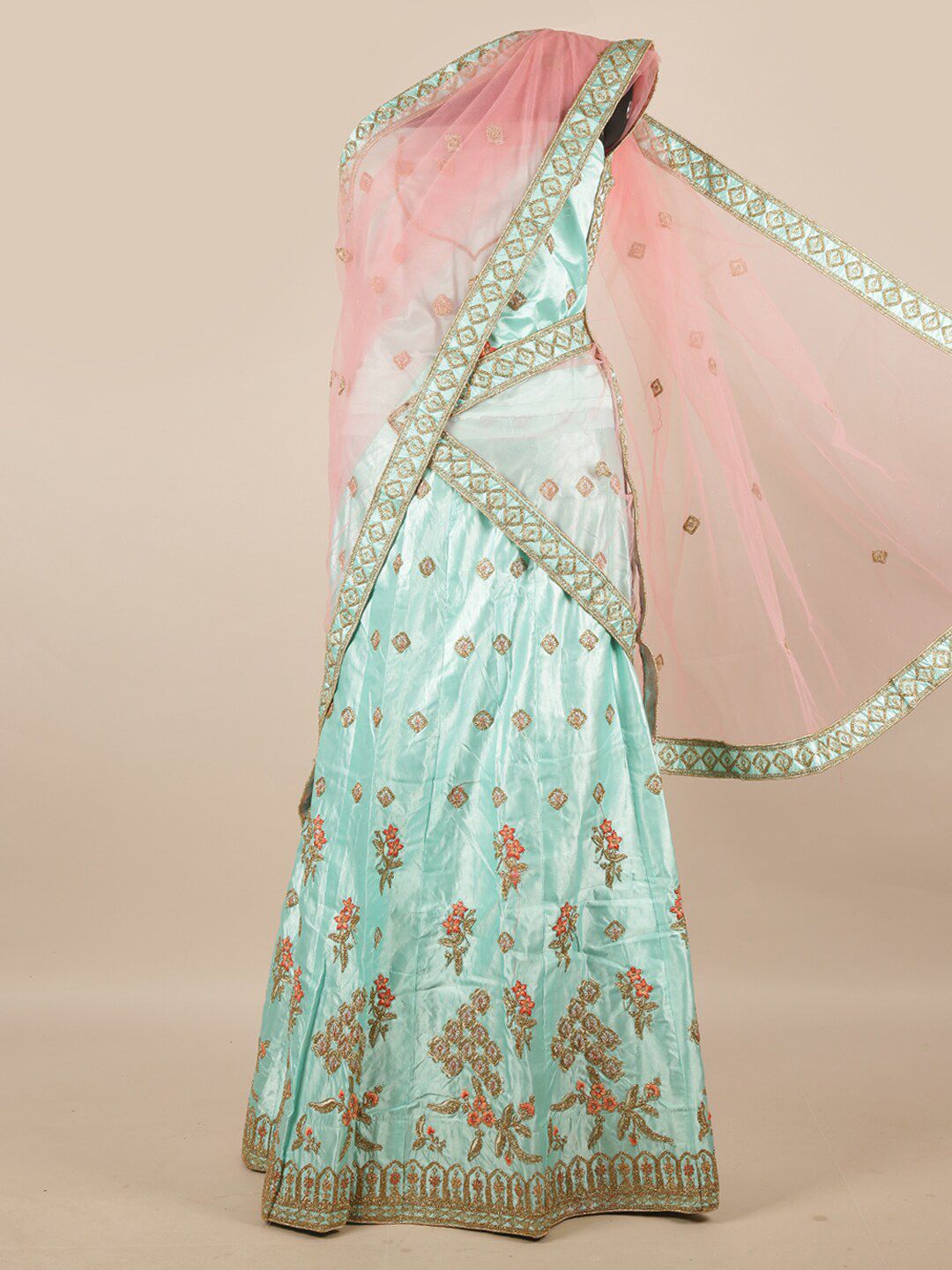 Pothys Pink & Blue Embroidered Unstitched Lehenga & Blouse With Dupatta Price in India