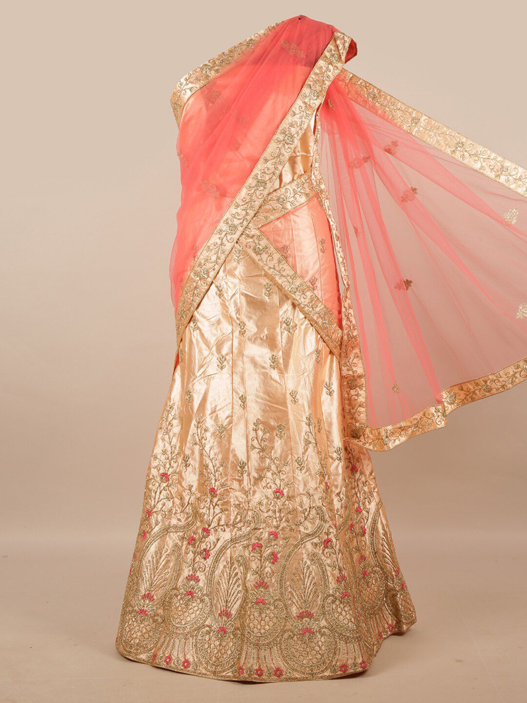 Pothys Peach-Coloured & Gold-Toned Embroidered Zardozi Unstitched Lehenga & Blouse With Dupatta Price in India