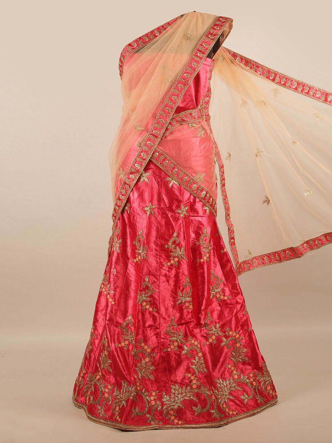 Pothys Peach-Coloured & Gold-Toned Embroidered Unstitched Lehenga & Blouse With Dupatta Price in India